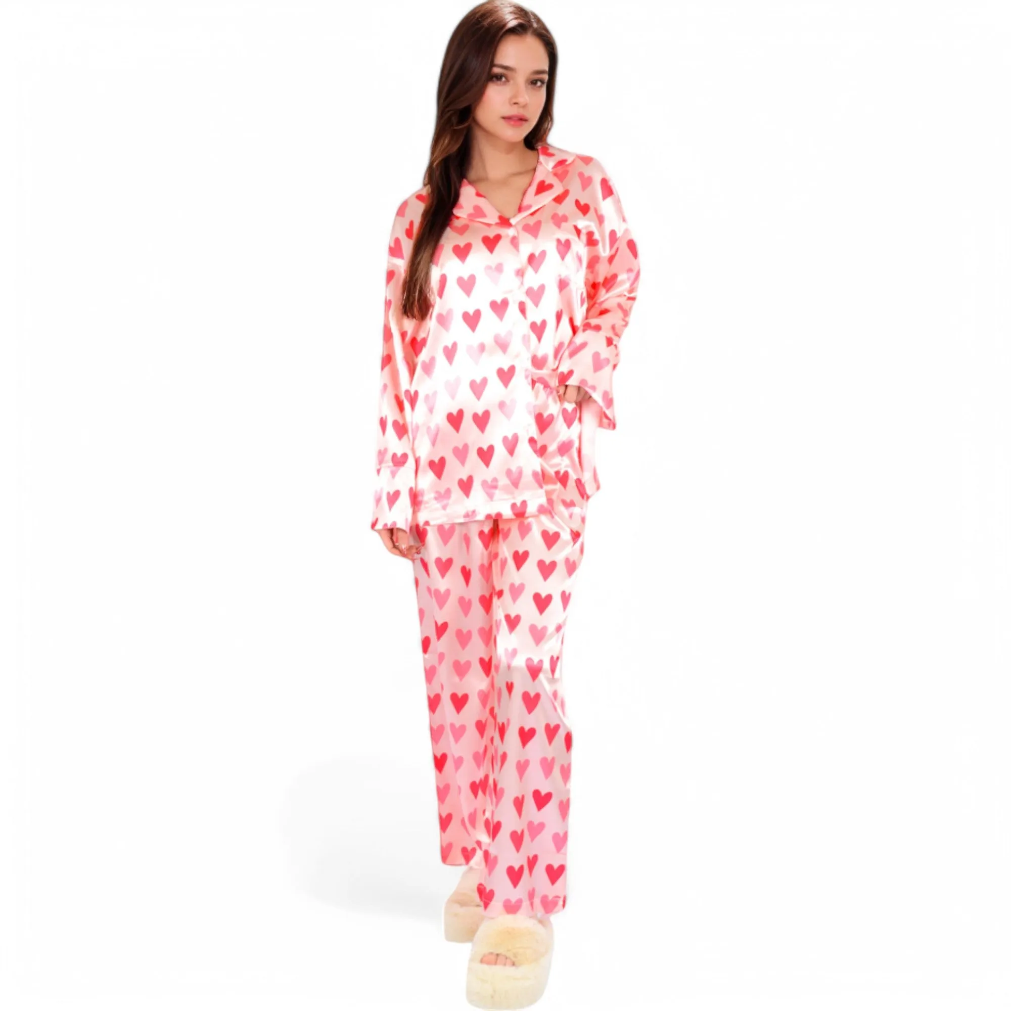 Anna-Kaci Women's Pink Heart Print Pajama Set with Button-Up Long Sleeve Top and Relaxed Fit Pants sold by Anna-Kaci product image thumbnail 2