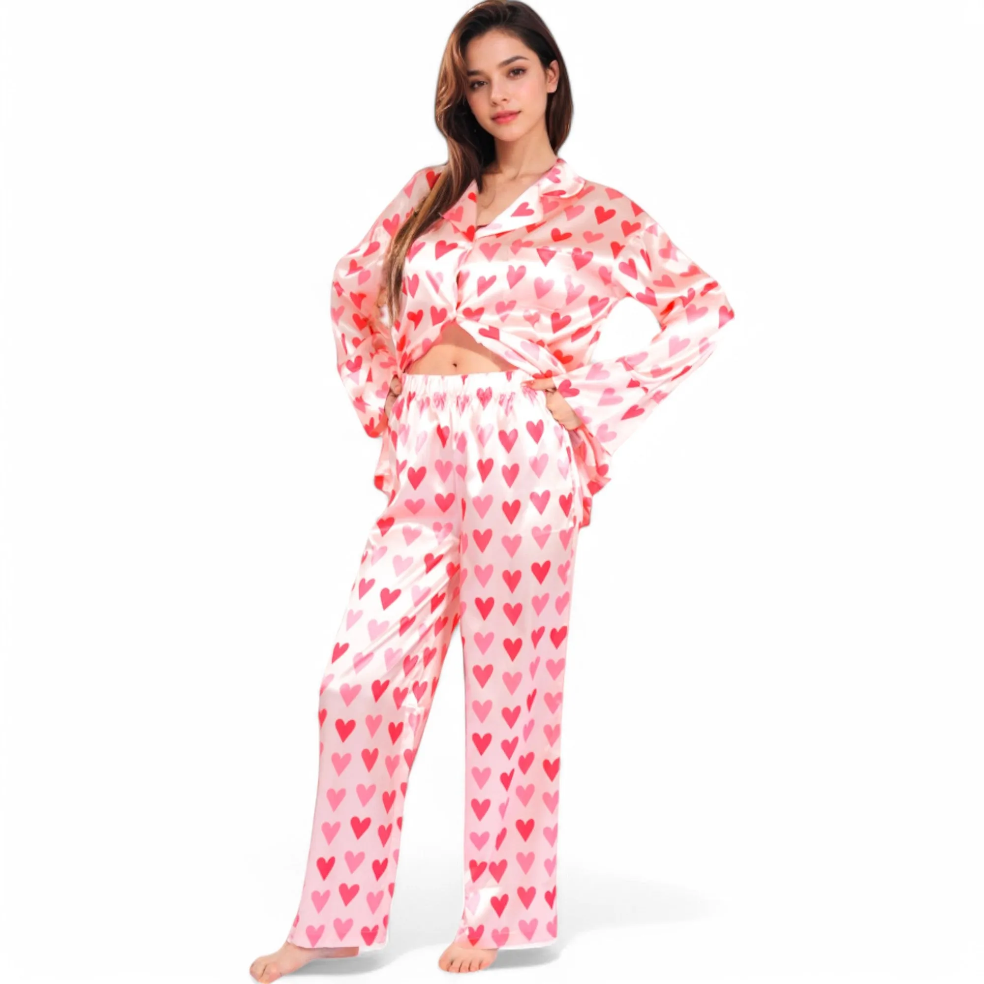 Anna-Kaci Women's Pink Heart Print Pajama Set with Button-Up Long Sleeve Top and Relaxed Fit Pants sold by Anna-Kaci product image thumbnail 4