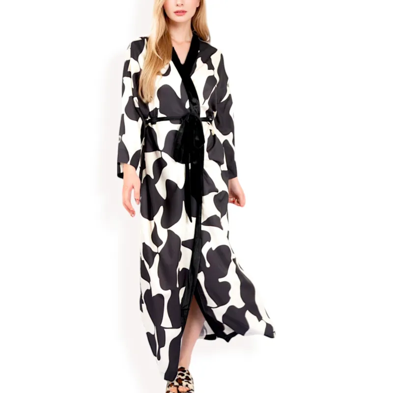 Anna-Kaci Women's Abstract Print Satin Duster Robe with Velvet Trim and Tie Waist sold by Anna-Kaci