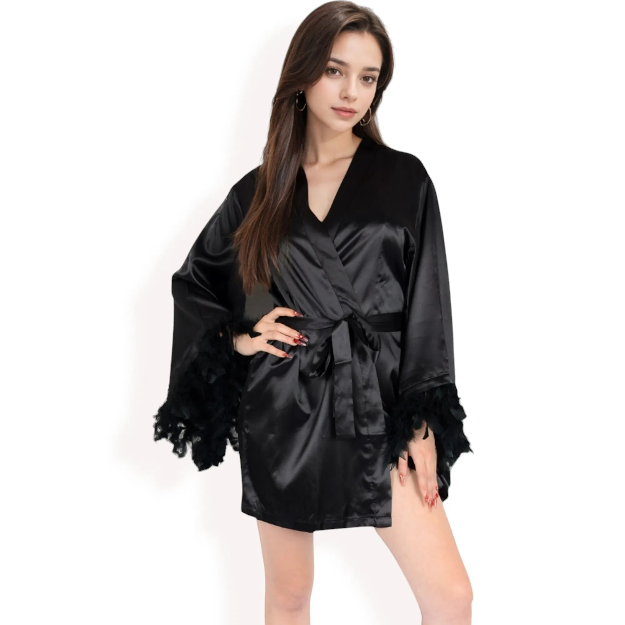Anna-Kaci Women's Black Feather Trim Satin Robe with Bralette and High Waist Shorts Three-Piece Lounge Set sold by Anna-Kaci product image thumbnail 3