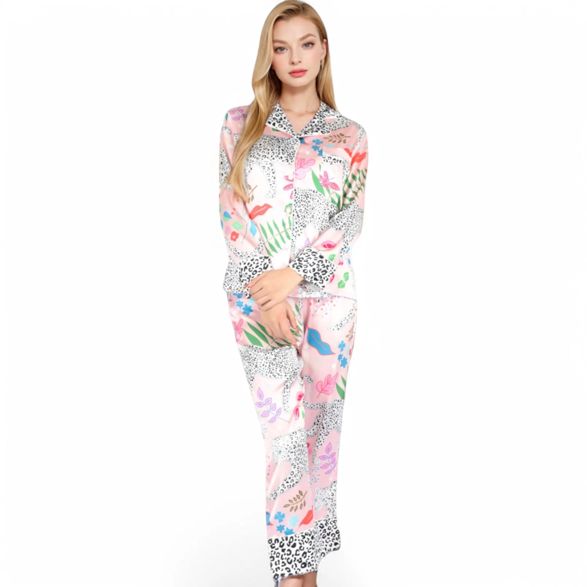 Anna-Kaci Women's Satin Pink Leopard Print Pajama Set with Button-Up Long Sleeve Top and Relaxed Fit Pants sold by Anna-Kaci product image thumbnail 2