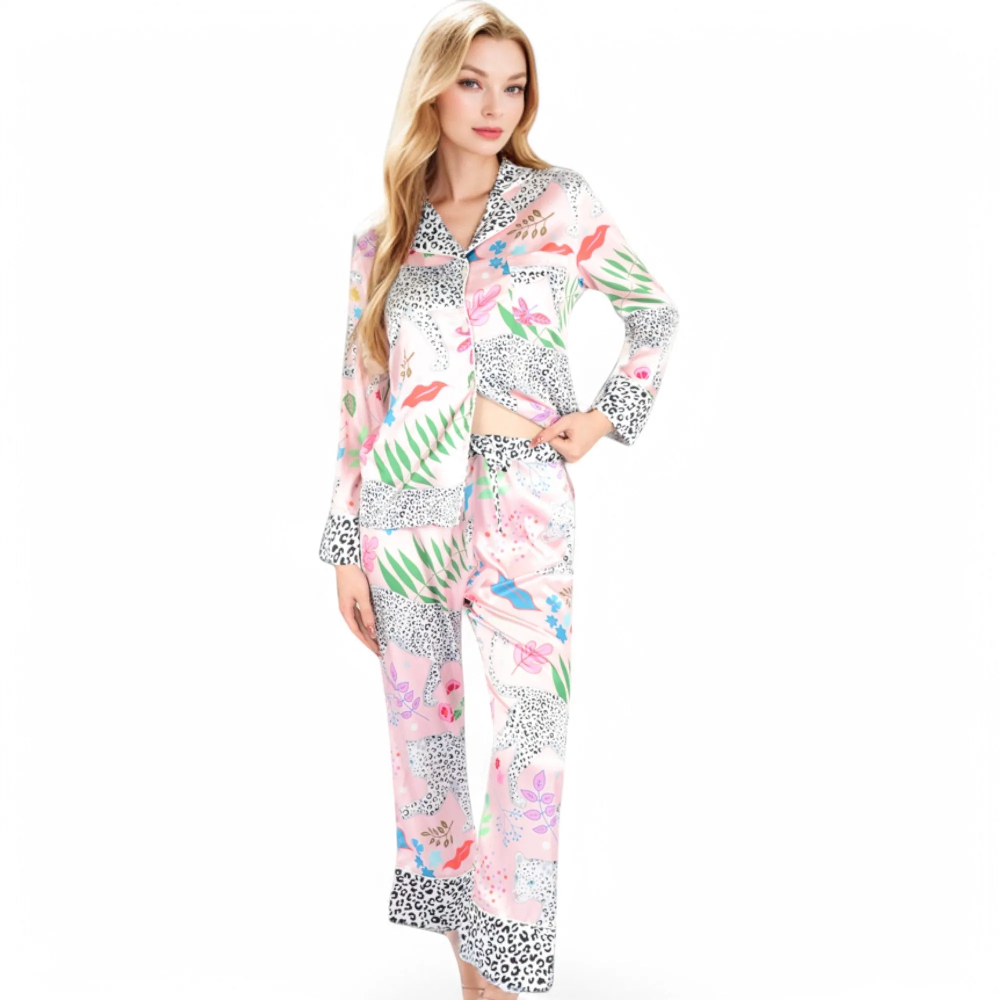 Anna-Kaci Women's Satin Pink Leopard Print Pajama Set with Button-Up Long Sleeve Top and Relaxed Fit Pants sold by Anna-Kaci product image thumbnail 4
