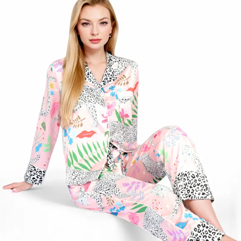 Anna-Kaci Women's Satin Pink Leopard Print Pajama Set with Button-Up Long Sleeve Top and Relaxed Fit Pants sold by Anna-Kaci