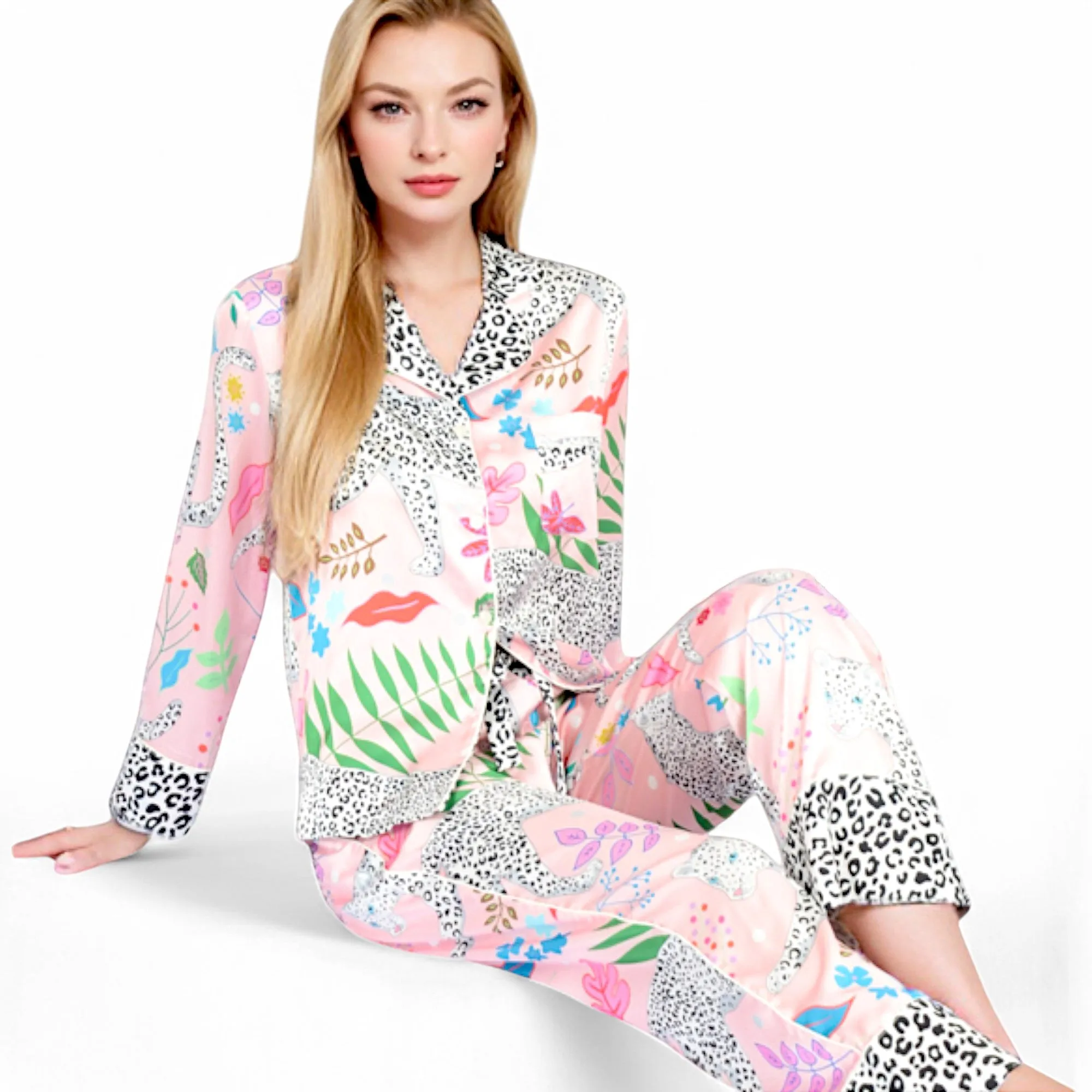 Anna-Kaci Women's Satin Pink Leopard Print Pajama Set with Button-Up Long Sleeve Top and Relaxed Fit Pants sold by Anna-Kaci
