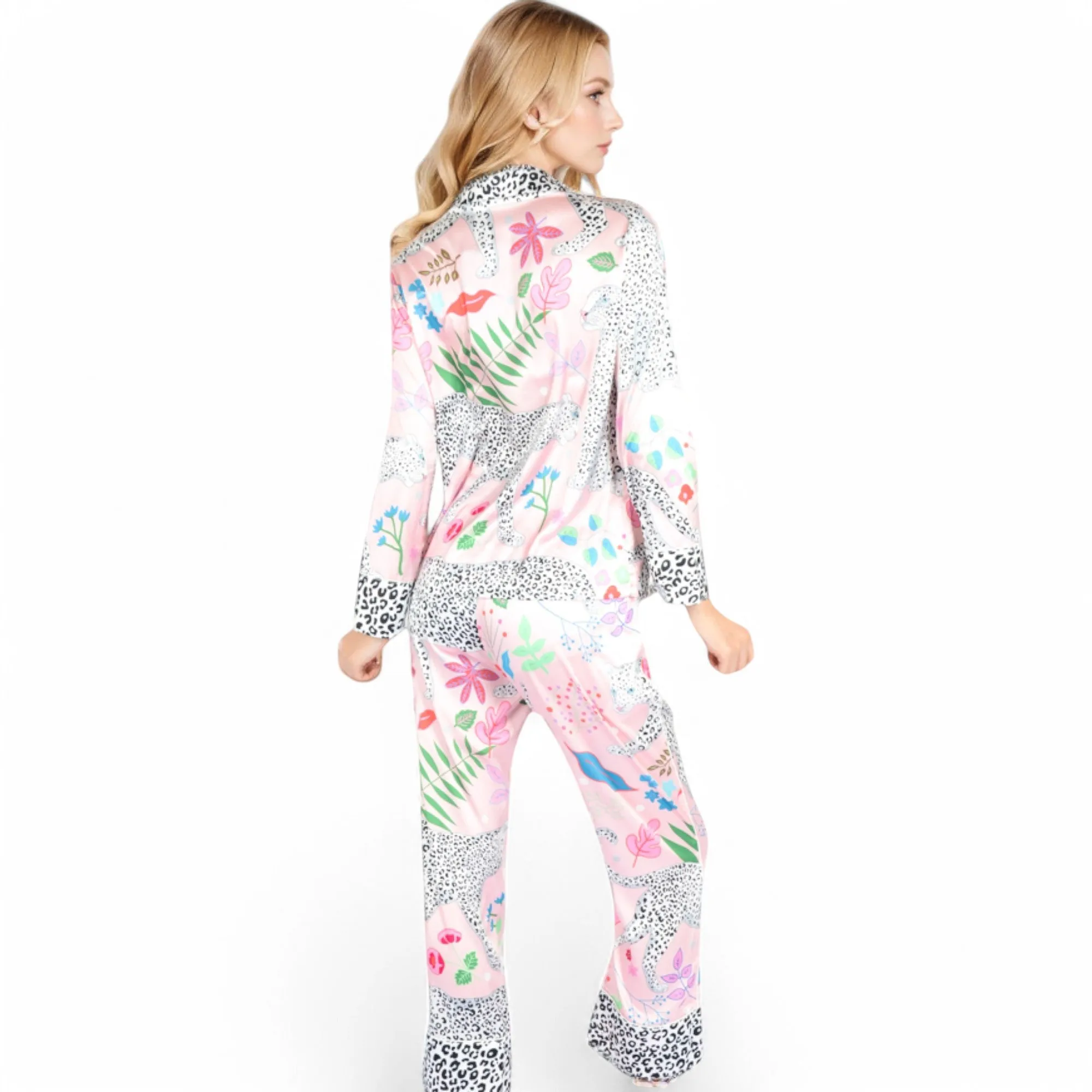 Anna-Kaci Women's Satin Pink Leopard Print Pajama Set with Button-Up Long Sleeve Top and Relaxed Fit Pants sold by Anna-Kaci product image thumbnail 5