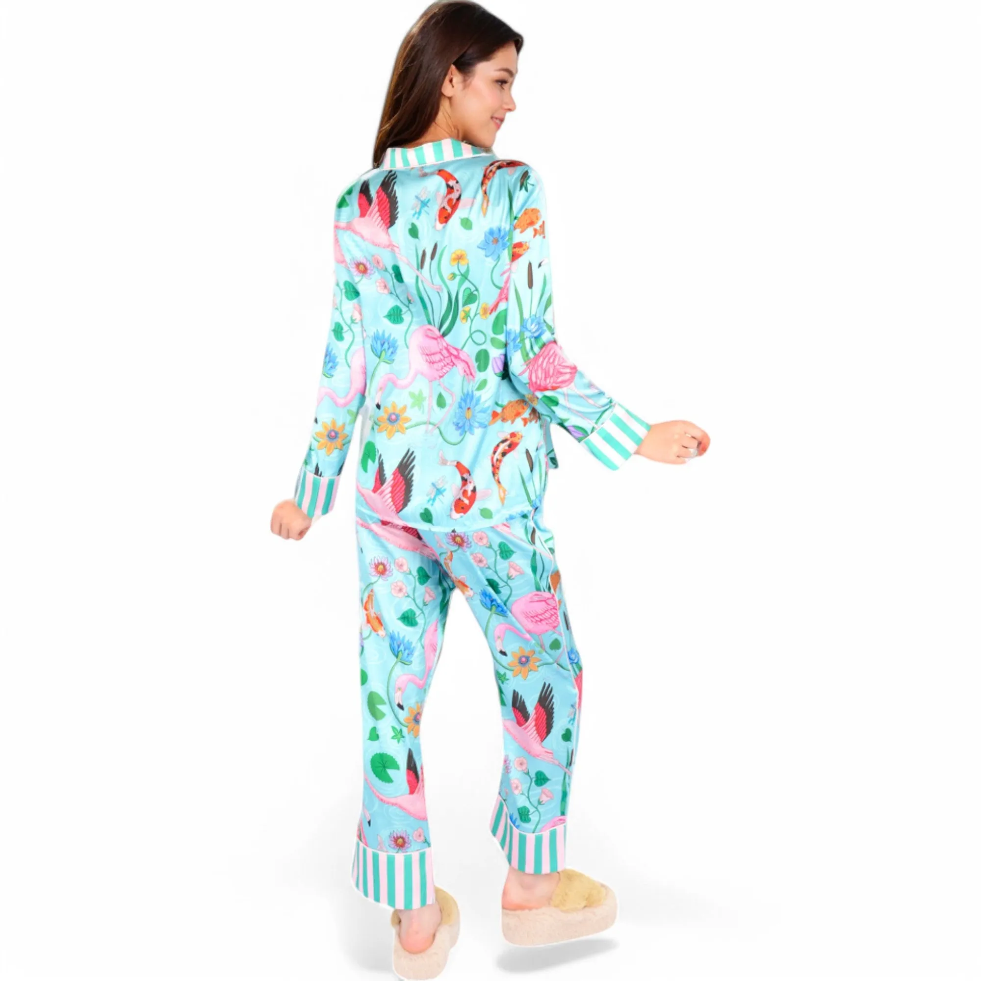 Anna-Kaci Women's Satin Tropical Flamingo Print Pajama Set with Button-Up Top and Relaxed Fit Pants sold by Anna-Kaci product image thumbnail 5