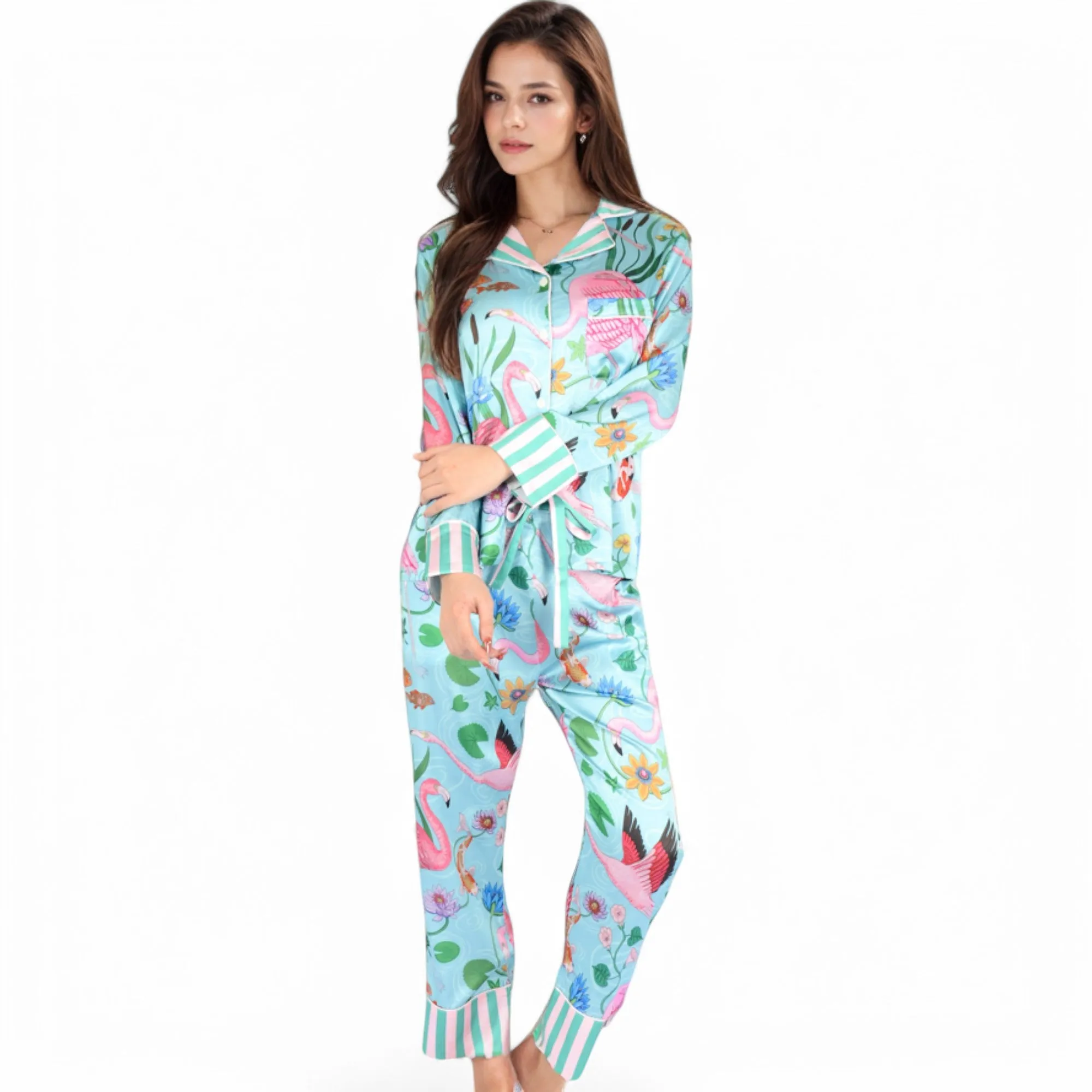 Anna-Kaci Women's Satin Tropical Flamingo Print Pajama Set with Button-Up Top and Relaxed Fit Pants sold by Anna-Kaci product image thumbnail 2