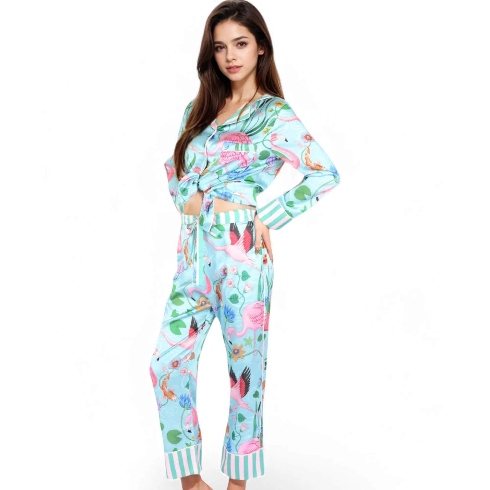 Anna-Kaci Women's Satin Tropical Flamingo Print Pajama Set with Button-Up Top and Relaxed Fit Pants sold by Anna-Kaci product image thumbnail 3