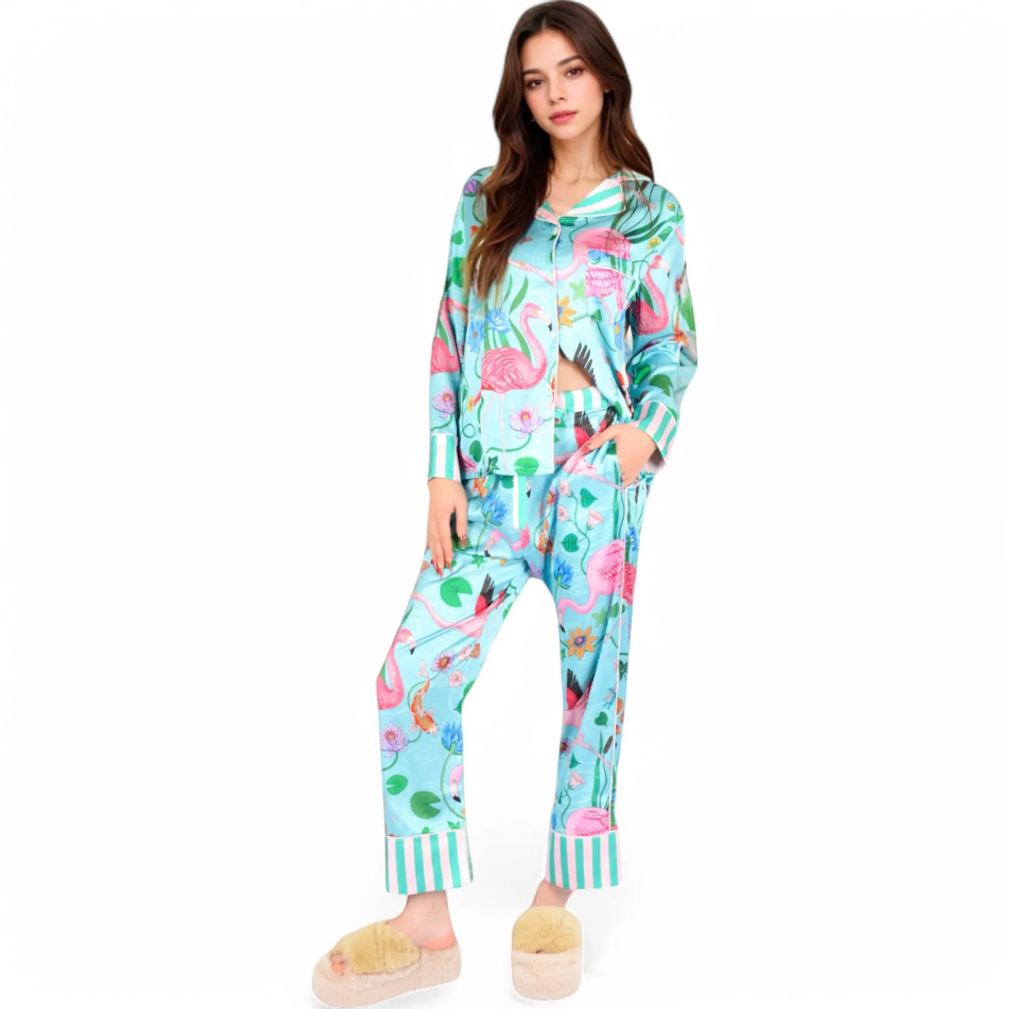 Anna-Kaci Women's Satin Tropical Flamingo Print Pajama Set with Button-Up Top and Relaxed Fit Pants sold by Anna-Kaci product image thumbnail 4