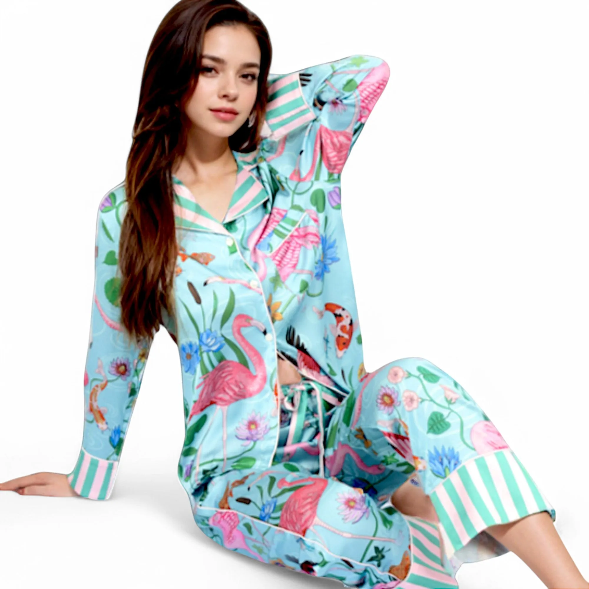 Anna-Kaci Women's Satin Tropical Flamingo Print Pajama Set with Button-Up Top and Relaxed Fit Pants sold by Anna-Kaci