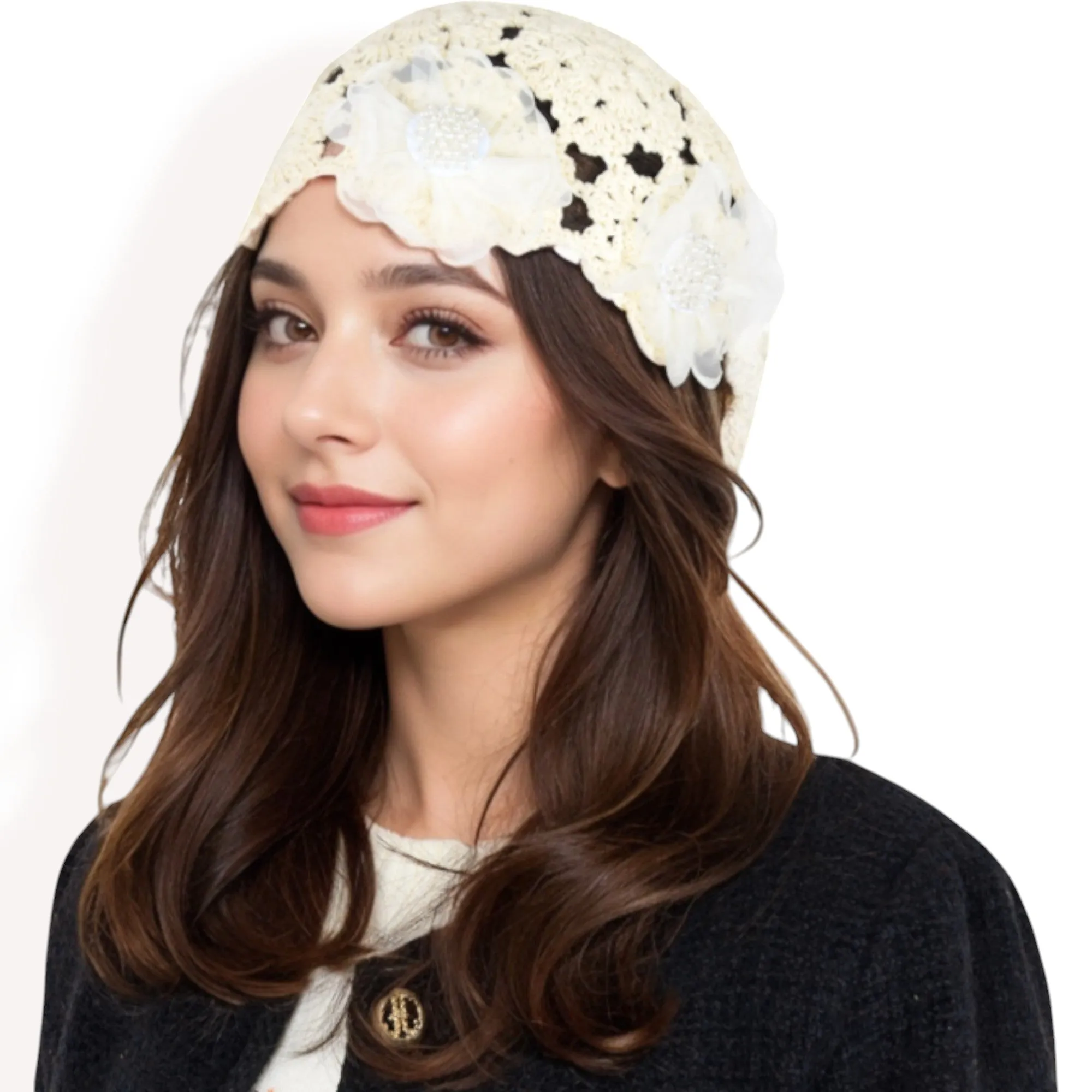 Anna-Kaci Women's Handmade Crochet Lace Cap with Floral Appliques and Elegant Vintage-Inspired Design sold by Anna-Kaci