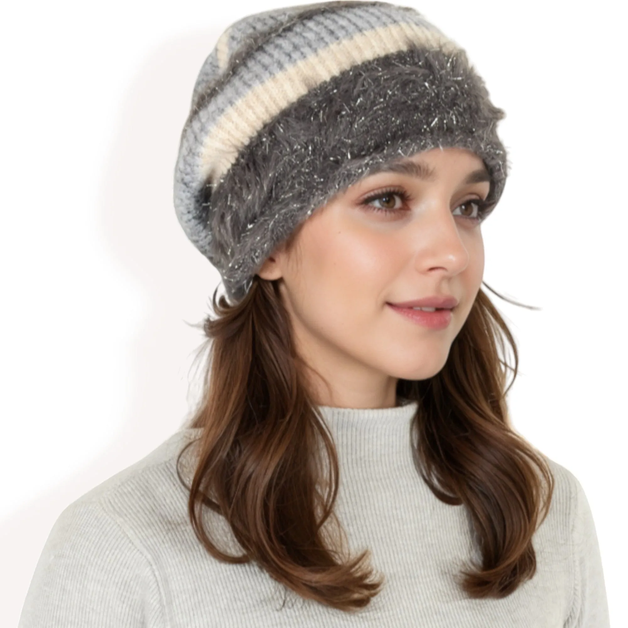 Anna-Kaci Women's Striped Knit Beanie Hat with Soft Fuzzy Trim and Slouchy Fit sold by Anna-Kaci