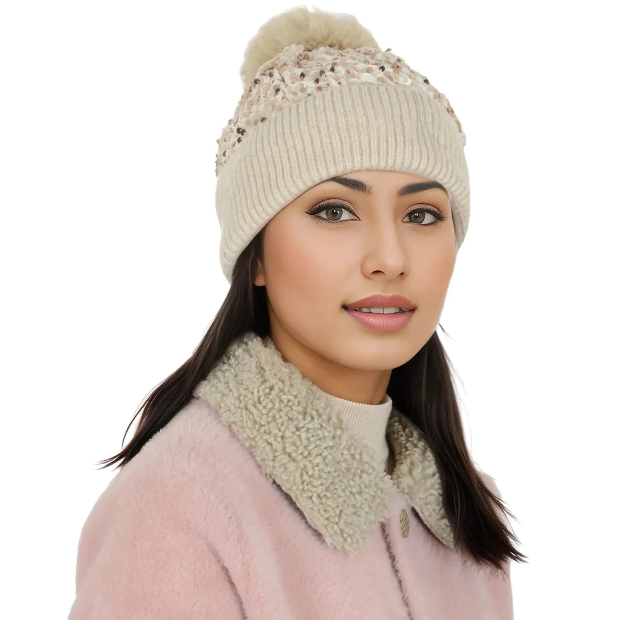 Anna-Kaci Sparkly Sequin Beanie Hat with Faux Fur Pom Pom Knit Skull Cap for Women sold by Anna-Kaci product image thumbnail 3