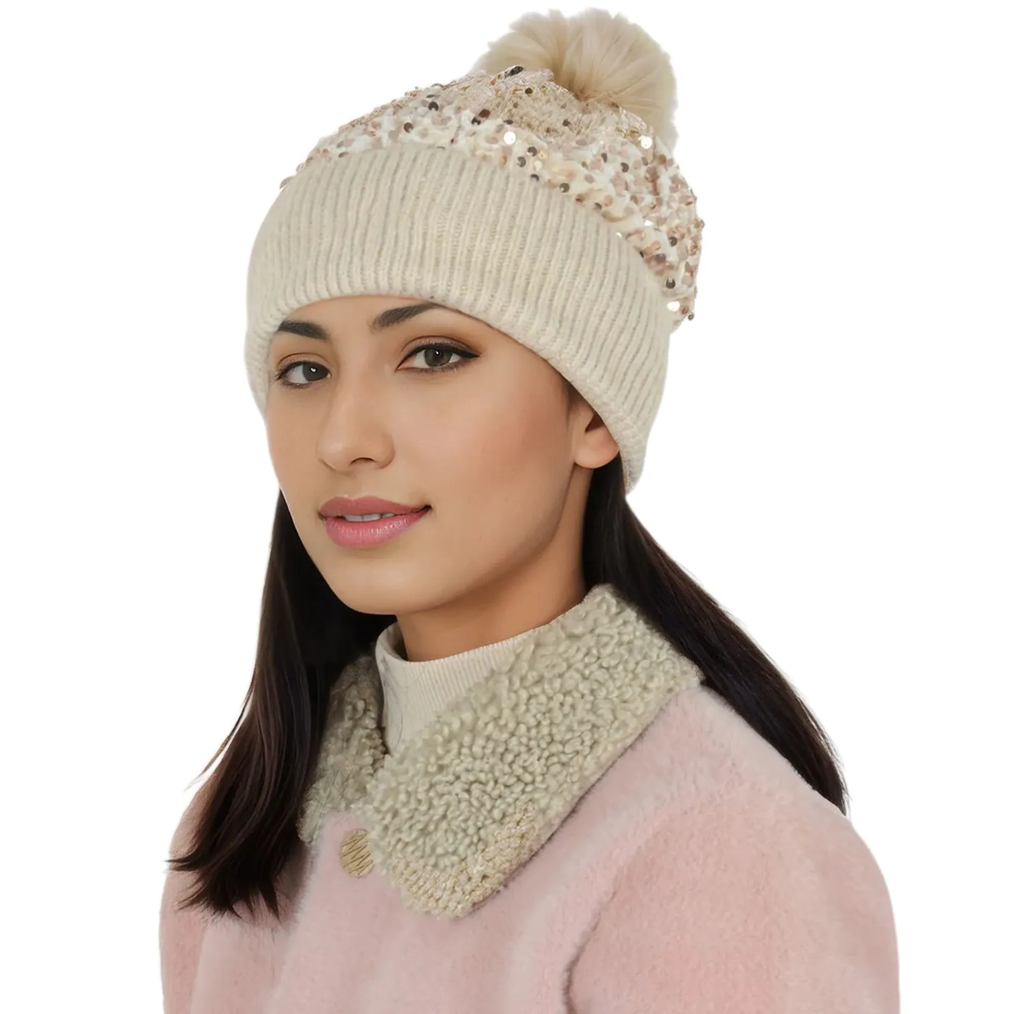 Anna-Kaci Sparkly Sequin Beanie Hat with Faux Fur Pom Pom Knit Skull Cap for Women sold by Anna-Kaci