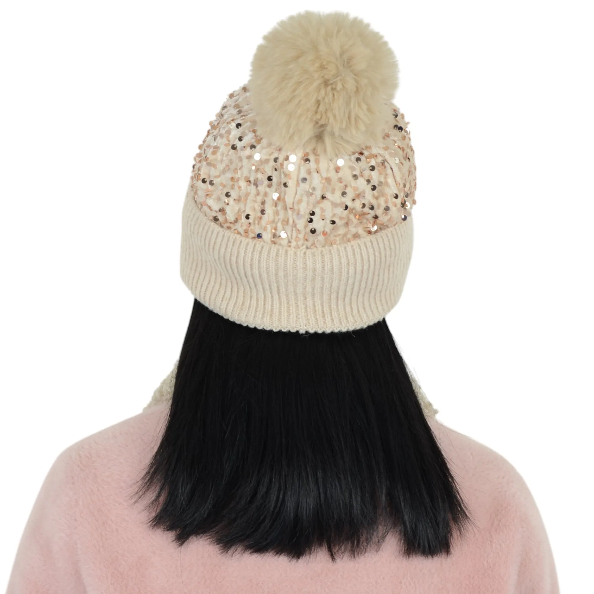 Anna-Kaci Sparkly Sequin Beanie Hat with Faux Fur Pom Pom Knit Skull Cap for Women sold by Anna-Kaci product image thumbnail 4