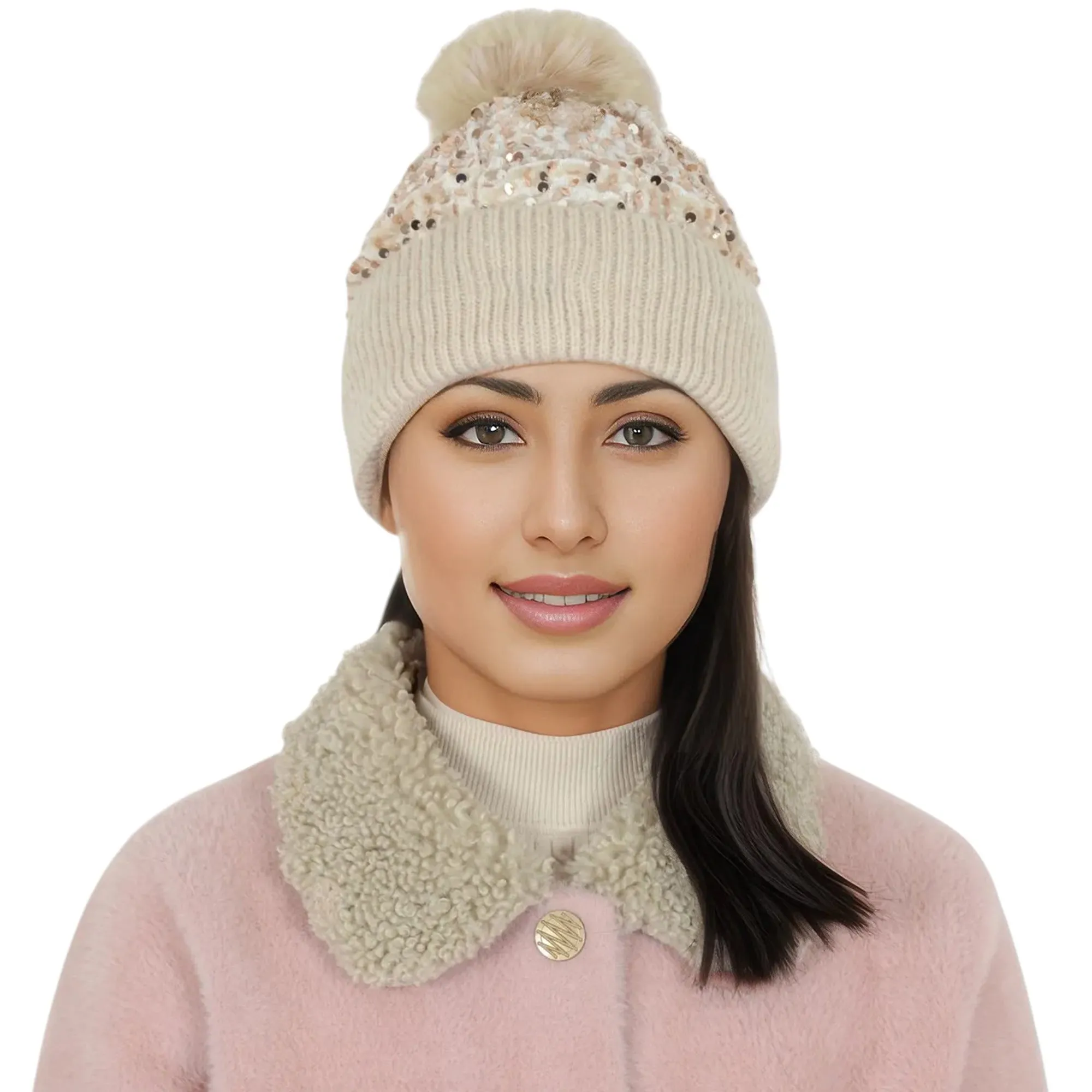 Anna-Kaci Sparkly Sequin Beanie Hat with Faux Fur Pom Pom Knit Skull Cap for Women sold by Anna-Kaci product image thumbnail 2