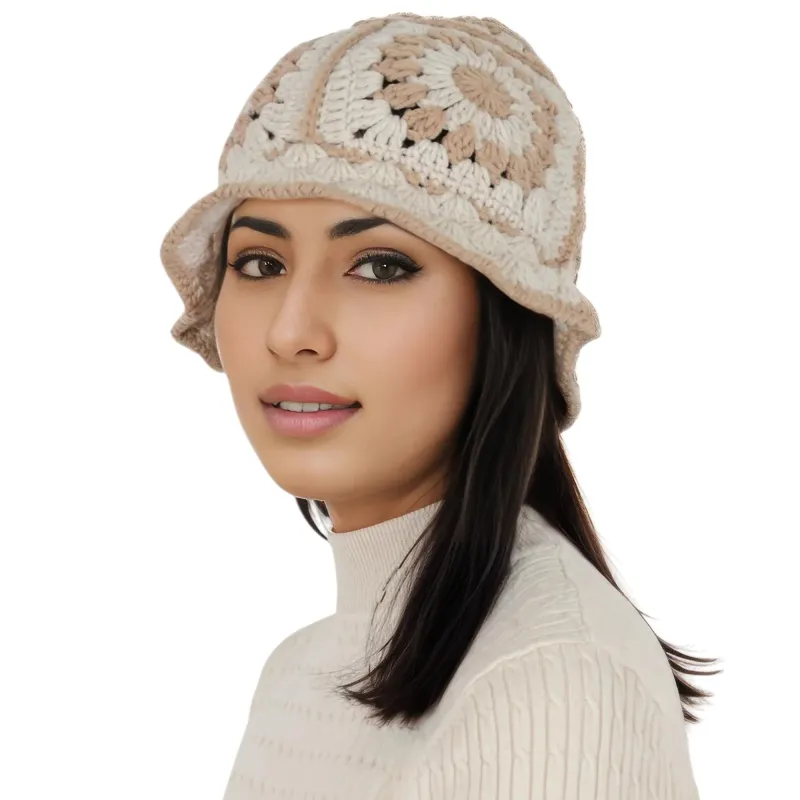 Anna-Kaci Women's Crochet Bucket Hat Retro Sunburst Pattern Knit Handmade Foldable Floppy Beach Hat sold by Anna-Kaci