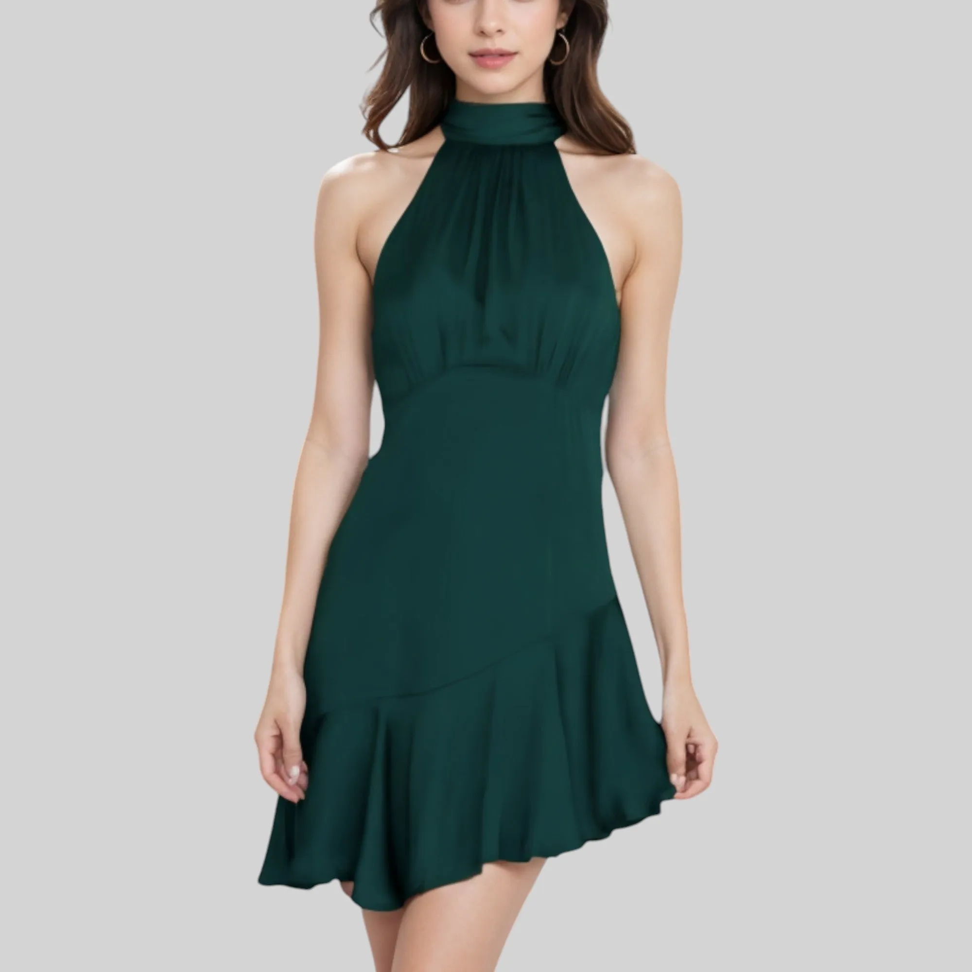 Anna-Kaci Women's Halter Neck Mini Dress with Asymmetrical Ruffle Hem and High Neck Detail sold by Anna-Kaci