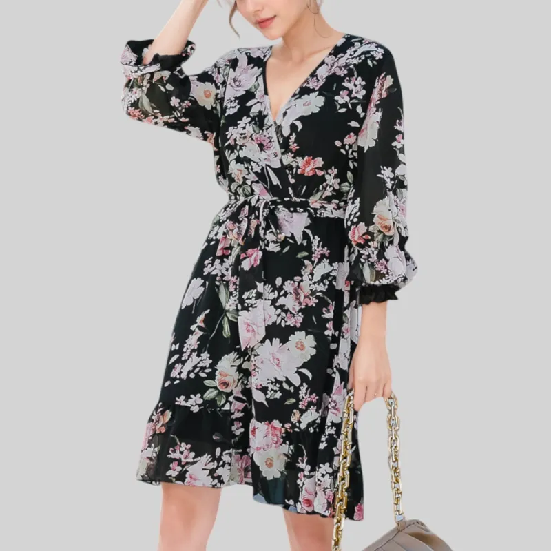 Anna-Kaci Women's Floral Print Wrap Dress with Ruffle Hem and Waist Tie sold by Anna-Kaci