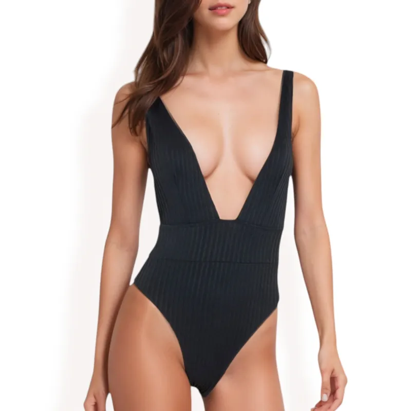Anna-Kaci Women's Deep V-Neck One-Piece Swimsuit with Ribbed Texture and High-Cut Leg made by Anna-Kaci