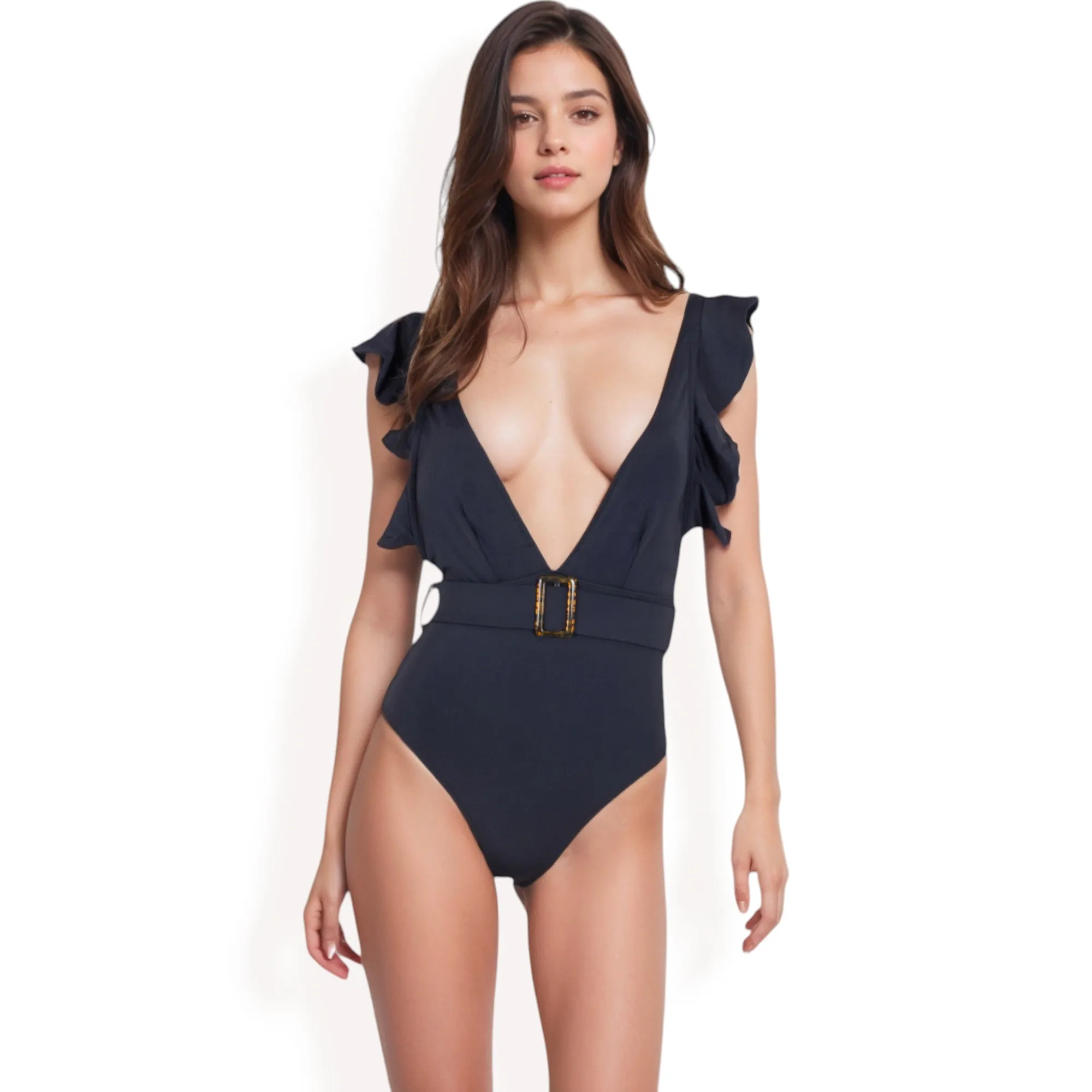 Anna-Kaci Women's Ruffle Shoulder Deep V One-Piece Swimsuit with Belted Waist sold by Anna-Kaci product image thumbnail 4