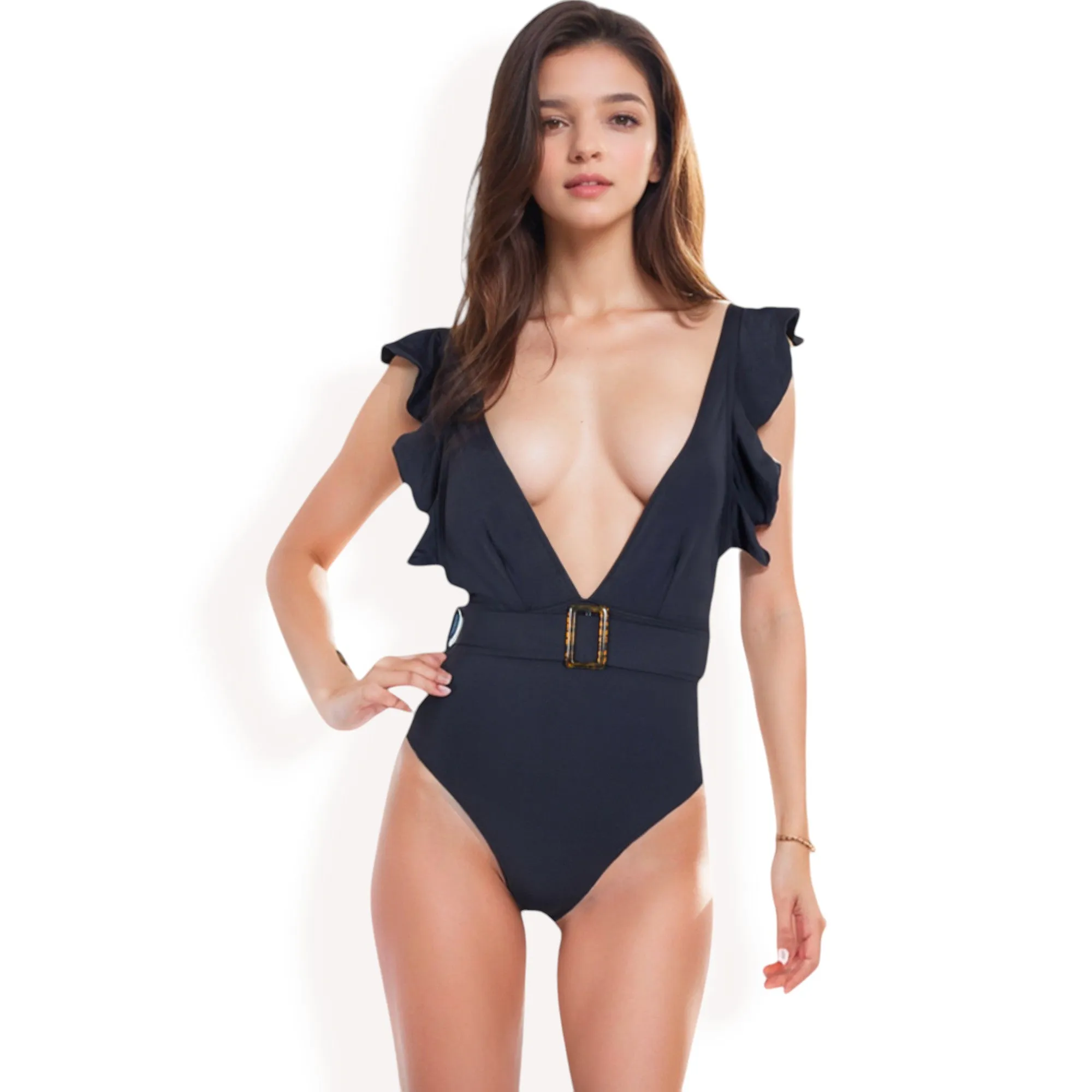 Anna-Kaci Women's Ruffle Shoulder Deep V One-Piece Swimsuit with Belted Waist sold by Anna-Kaci product image thumbnail 2