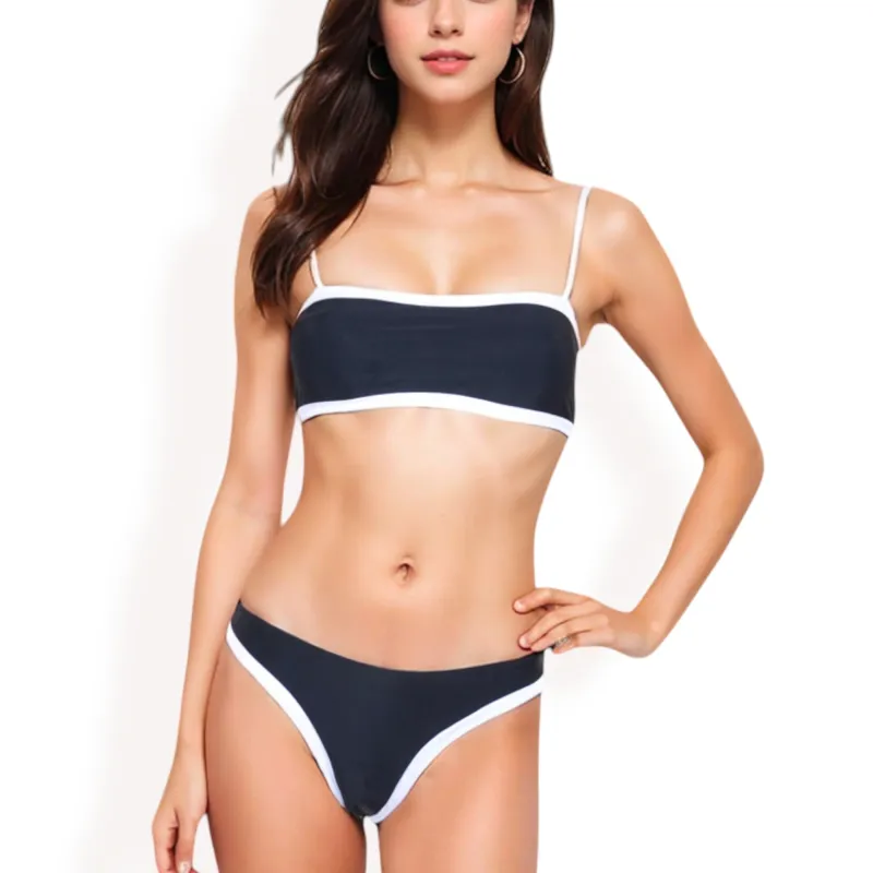 Anna-Kaci Women's Contrast Trim Bikini Set with Scoop Neck Top and High-Cut Bottoms sold by Anna-Kaci