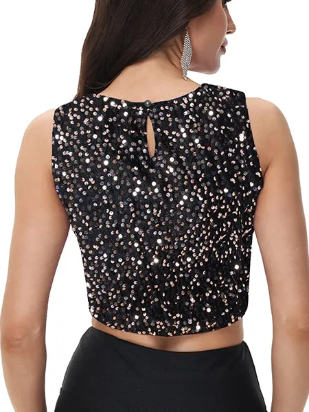 Anna-Kaci Women's Sequin Sleeveless Tops Sparkle Glitter Crew Neck Club Party Nightout Crop Tank Top sold by Anna-Kaci product image thumbnail 4