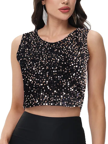 Anna-Kaci Women's Sequin Sleeveless Tops Sparkle Glitter Crew Neck Club Party Nightout Crop Tank Top sold by Anna-Kaci