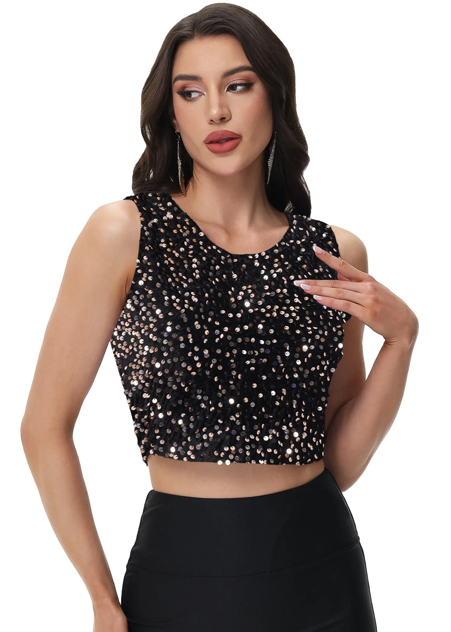 Anna-Kaci Women's Sequin Sleeveless Tops Sparkle Glitter Crew Neck Club Party Nightout Crop Tank Top sold by Anna-Kaci product image thumbnail 5
