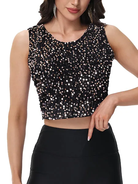 Anna-Kaci Women's Sequin Sleeveless Tops Sparkle Glitter Crew Neck Club Party Nightout Crop Tank Top sold by Anna-Kaci product image thumbnail 2