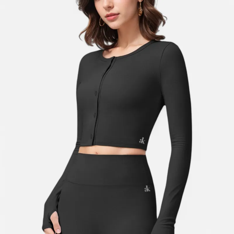 Anna-Kaci Women's Cropped Button-Front Long Sleeve Top with Thumbholes sold by Anna-Kaci