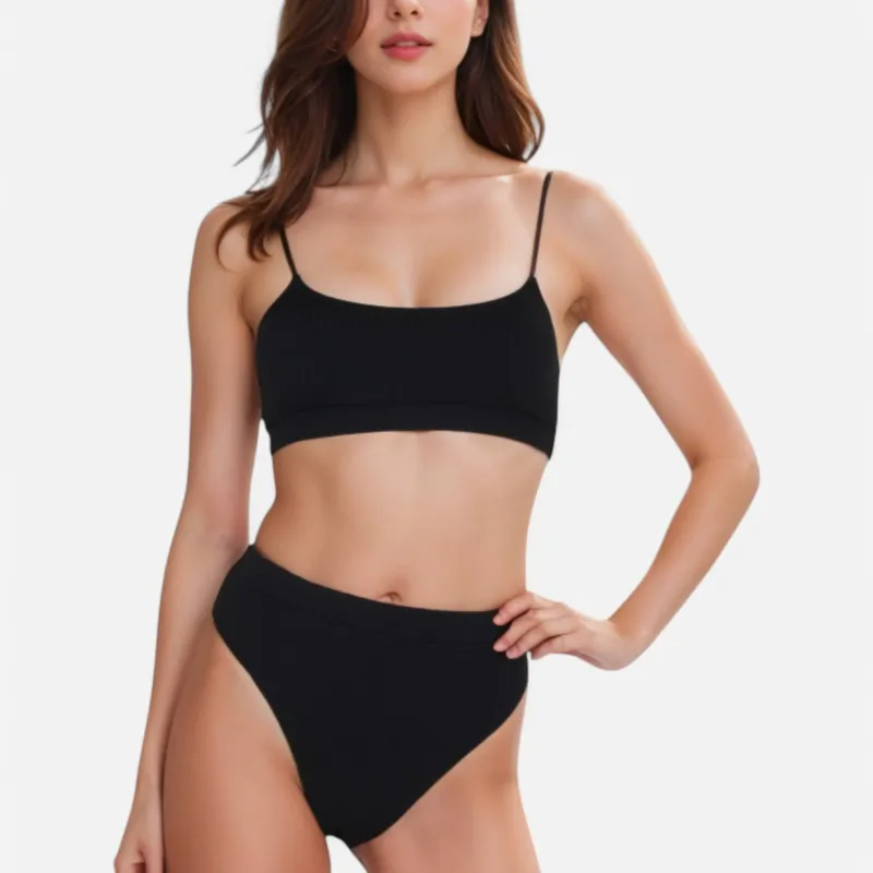 Anna-Kaci Women's Ribbed Bikini Set with Scoop Neck Bralette and High Cut Bottoms sold by Anna-Kaci