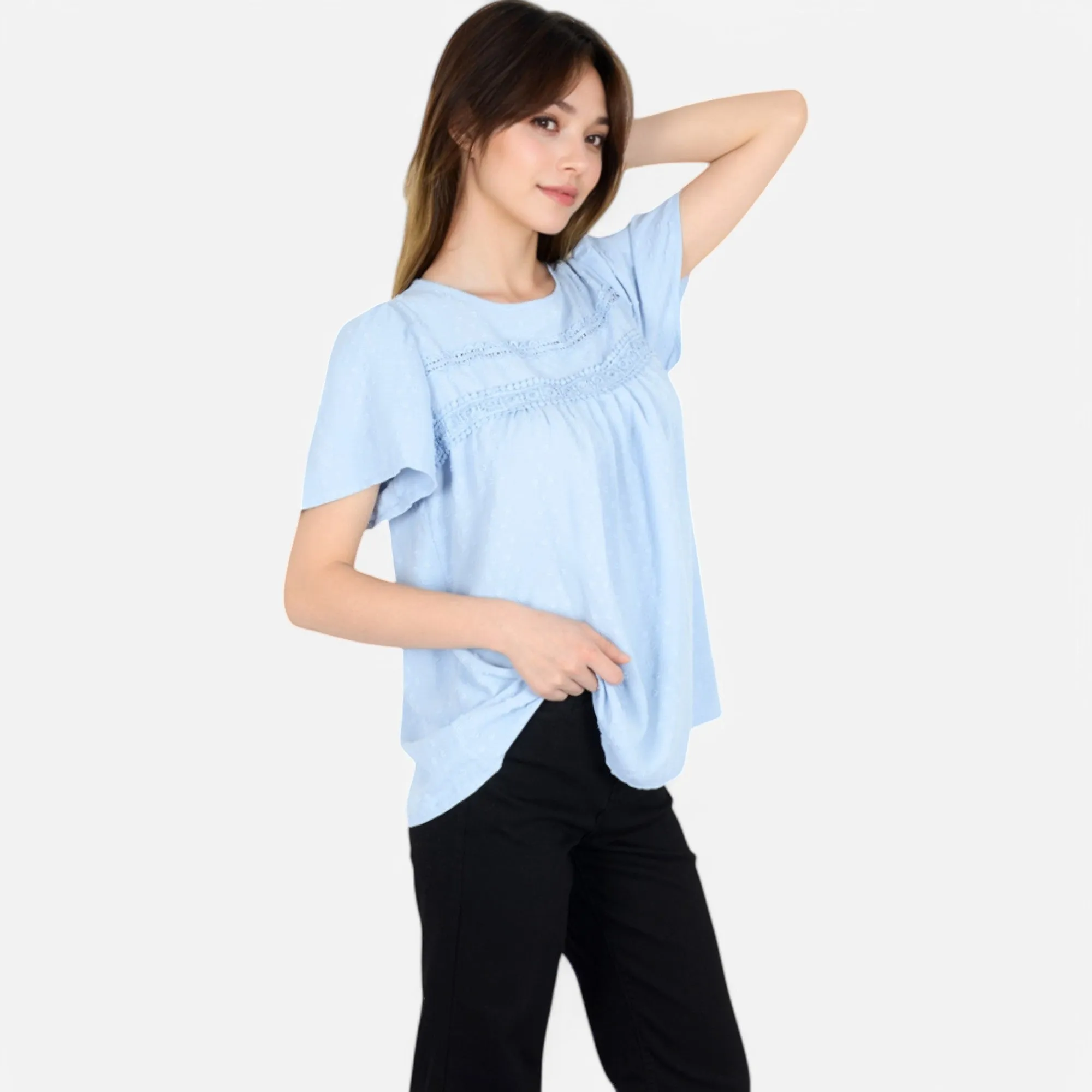 Anna-Kaci Women's Lace Yoke Short Sleeve Blouse with Pleated Front sold by Anna-Kaci product image thumbnail 3