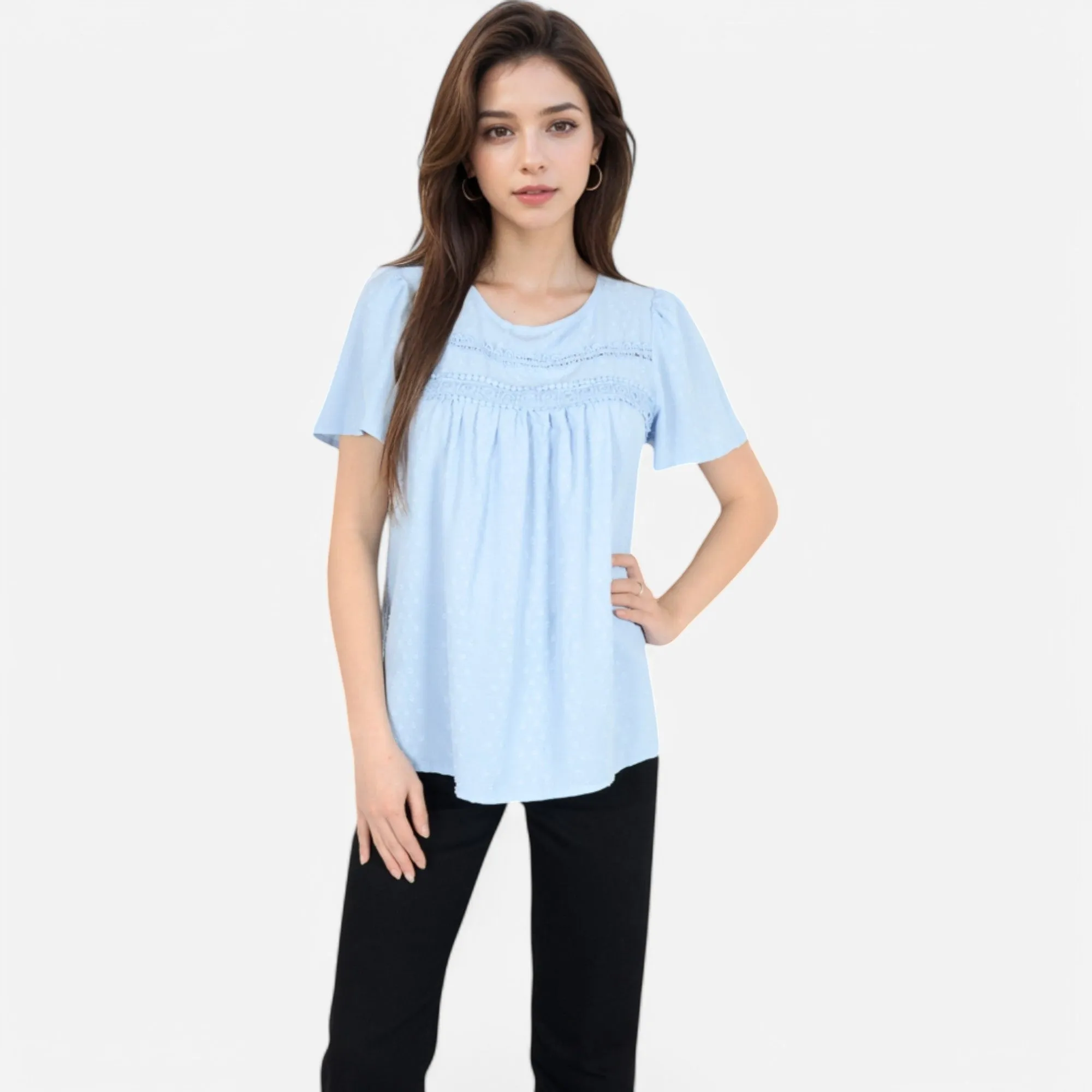 Anna-Kaci Women's Lace Yoke Short Sleeve Blouse with Pleated Front sold by Anna-Kaci product image thumbnail 4