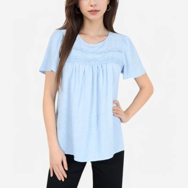 Anna-Kaci Women's Lace Yoke Short Sleeve Blouse with Pleated Front sold by Anna-Kaci