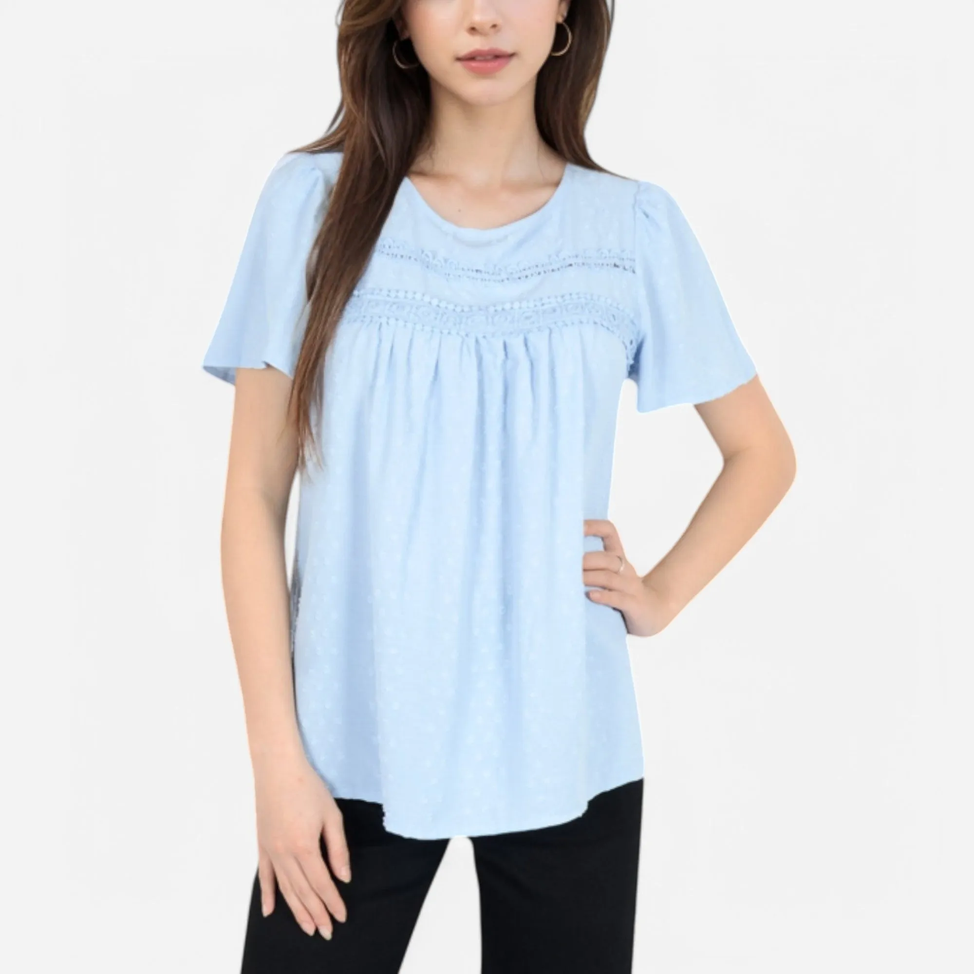 Anna-Kaci Women's Lace Yoke Short Sleeve Blouse with Pleated Front sold by Anna-Kaci