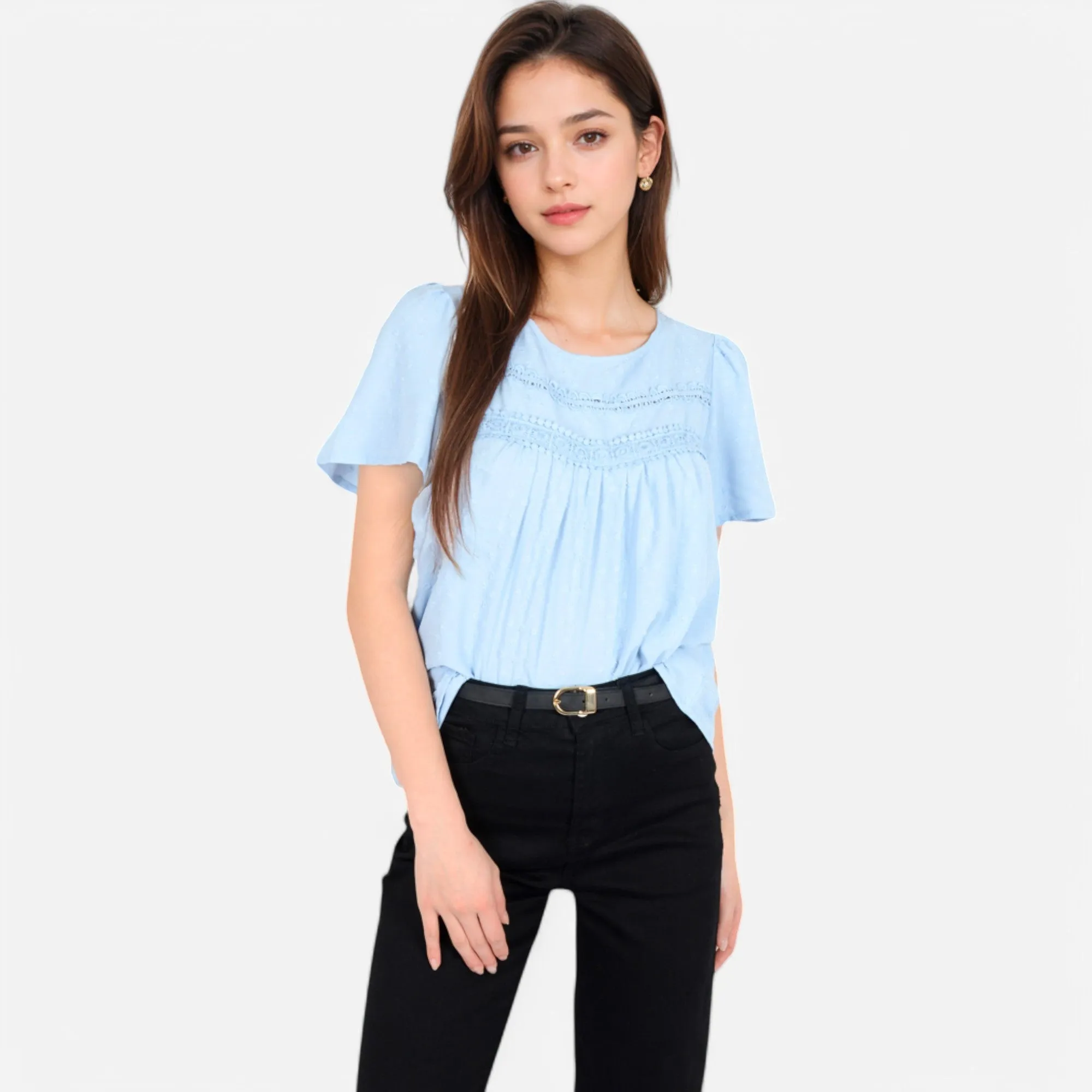 Anna-Kaci Women's Lace Yoke Short Sleeve Blouse with Pleated Front sold by Anna-Kaci product image thumbnail 2