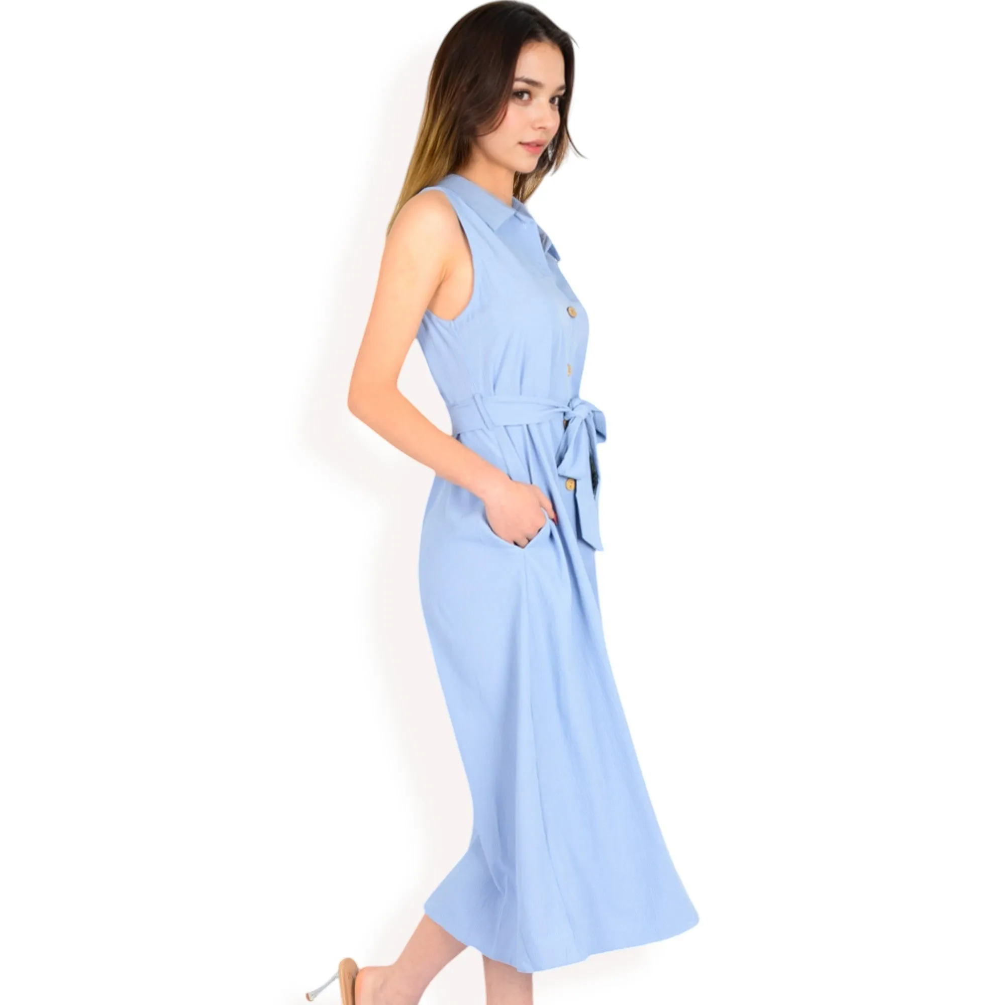 Anna-Kaci Women's Sleeveless Button-Down Midi Dress with Waist Tie and Collared Neckline sold by Anna-Kaci product image thumbnail 3