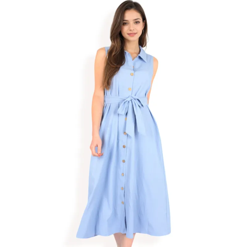 Anna-Kaci Women's Sleeveless Button-Down Midi Dress with Waist Tie and Collared Neckline sold by Anna-Kaci