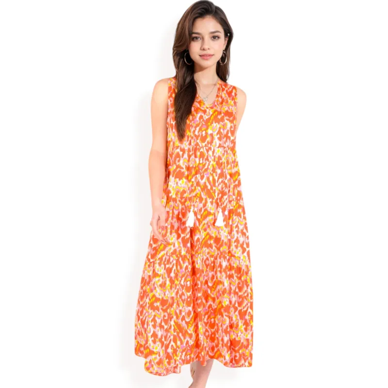 Anna-Kaci Women's Sleeveless Tiered Maxi Dress with Vibrant Abstract Print and Tassel Tie Detail sold by Anna-Kaci