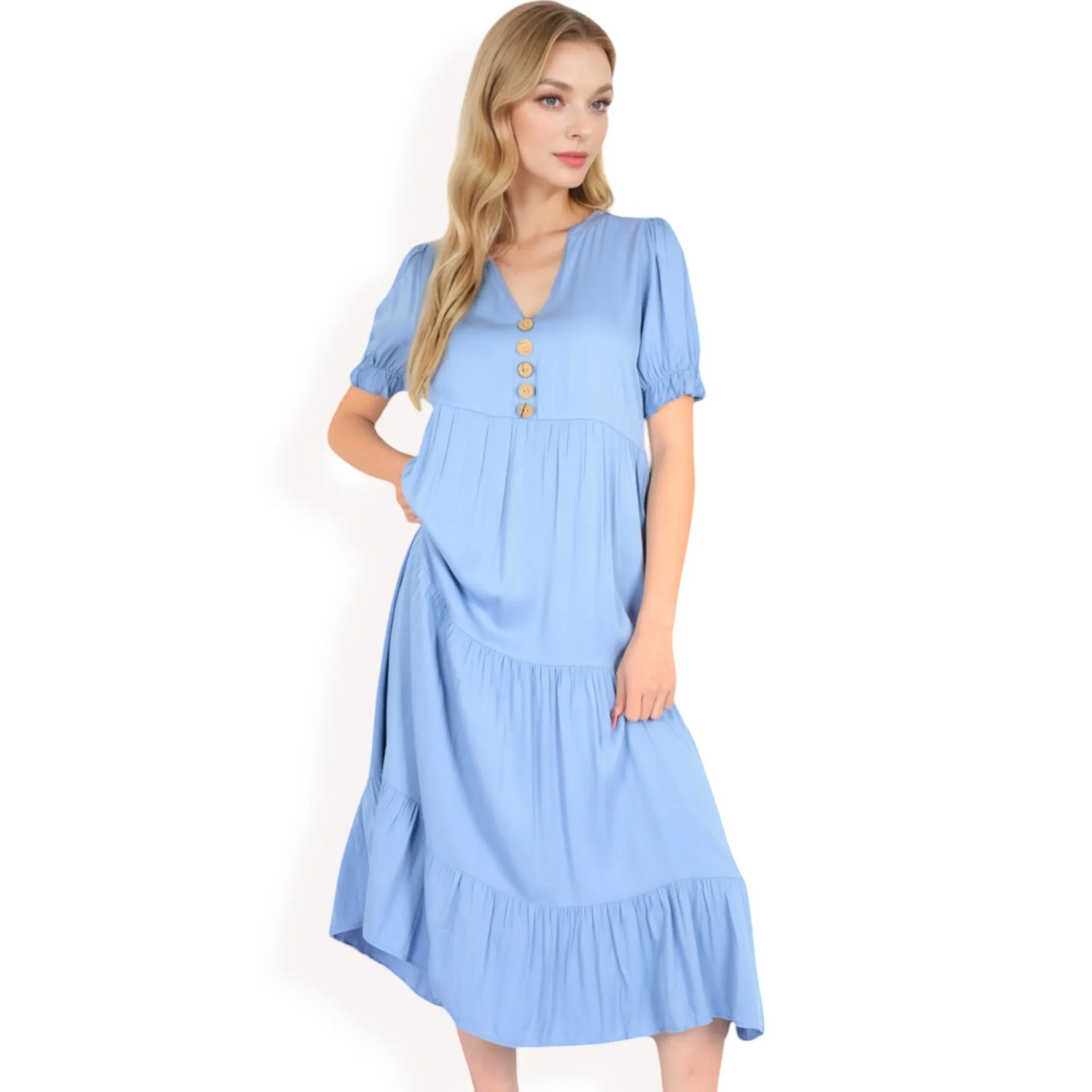 Anna-Kaci Women's Puff Sleeve Tiered Midi Dress with Button Front Detail and Smocked Cuffs sold by Anna-Kaci product image thumbnail 4