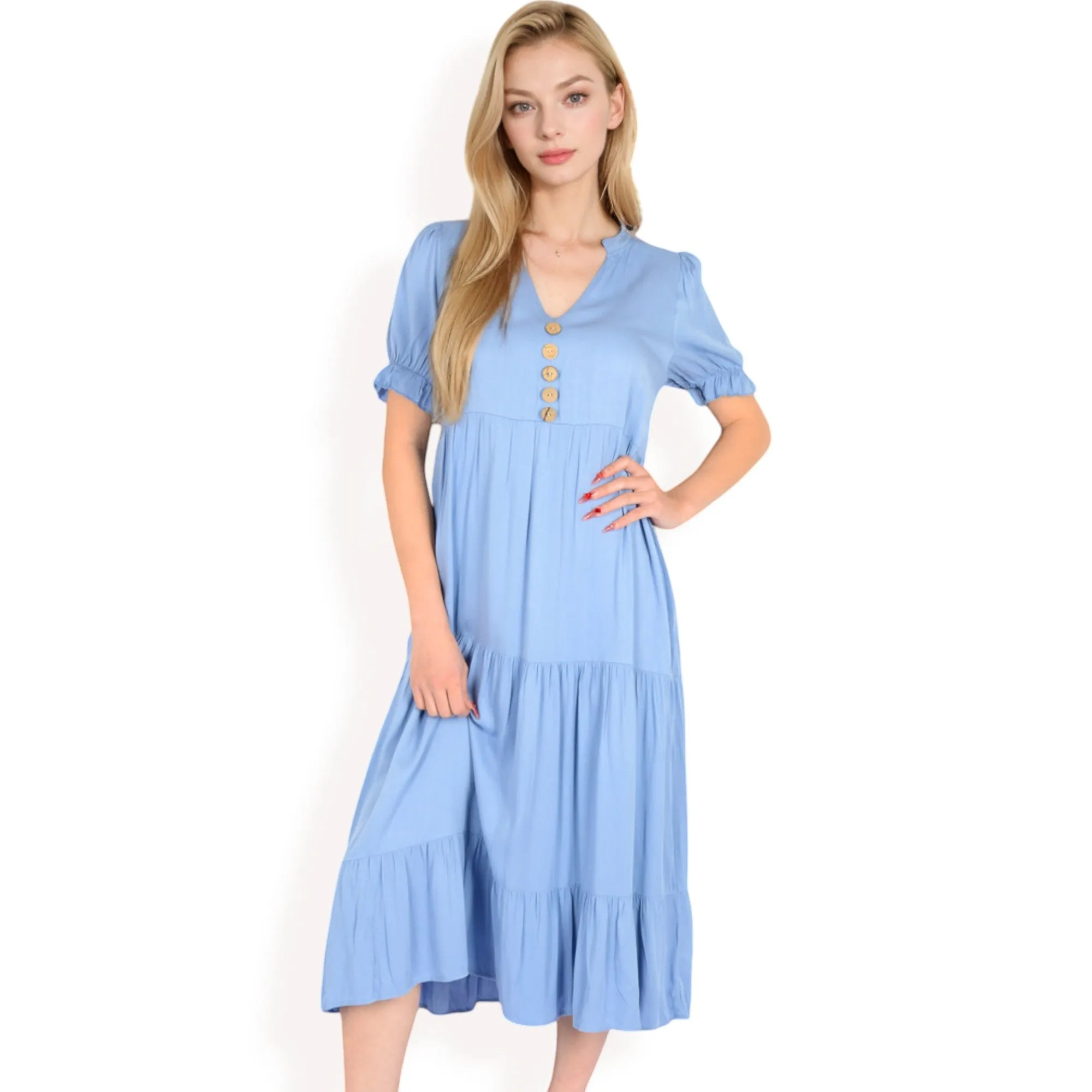 Anna-Kaci Women's Puff Sleeve Tiered Midi Dress with Button Front Detail and Smocked Cuffs sold by Anna-Kaci product image thumbnail 2