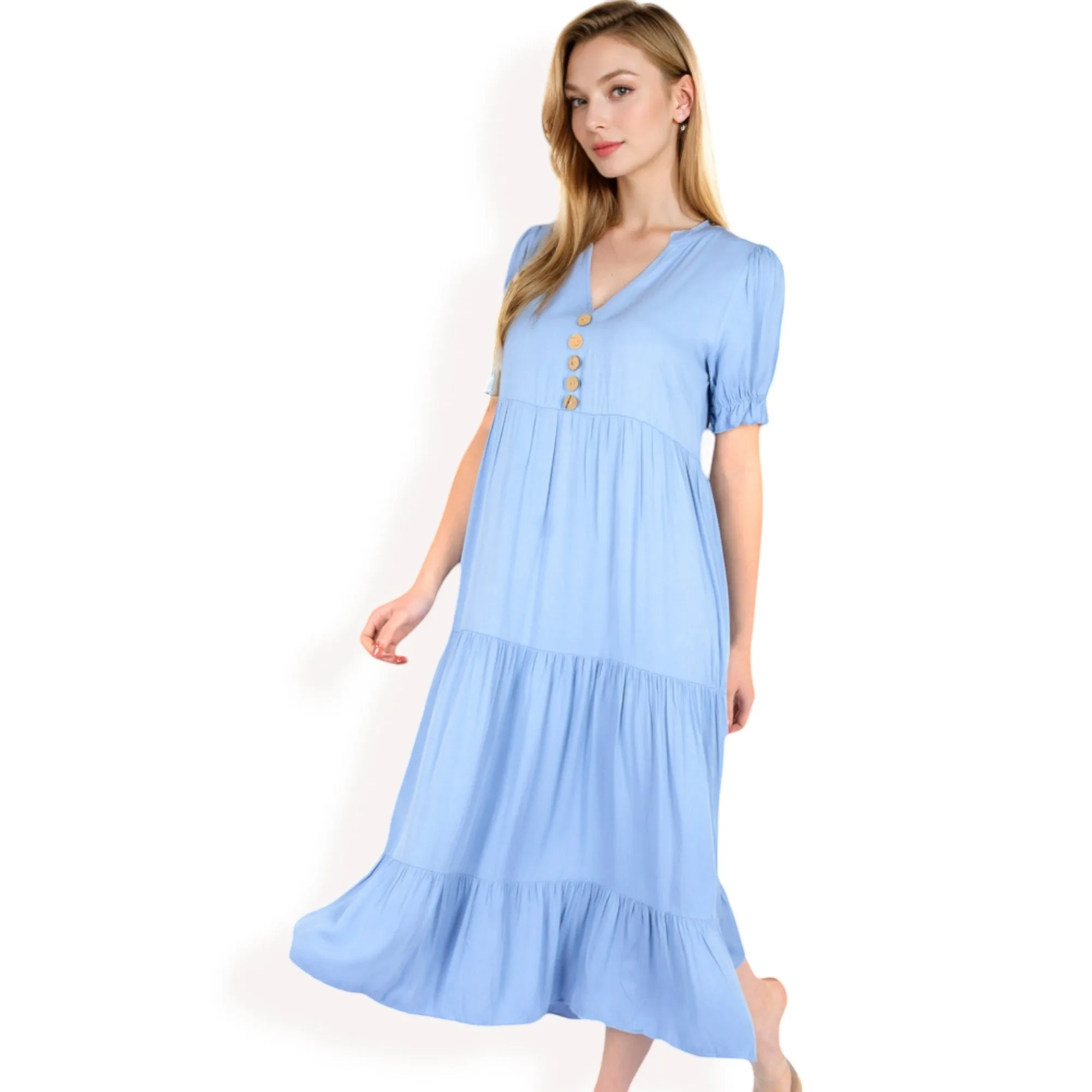 Anna-Kaci Women's Puff Sleeve Tiered Midi Dress with Button Front Detail and Smocked Cuffs sold by Anna-Kaci product image thumbnail 3
