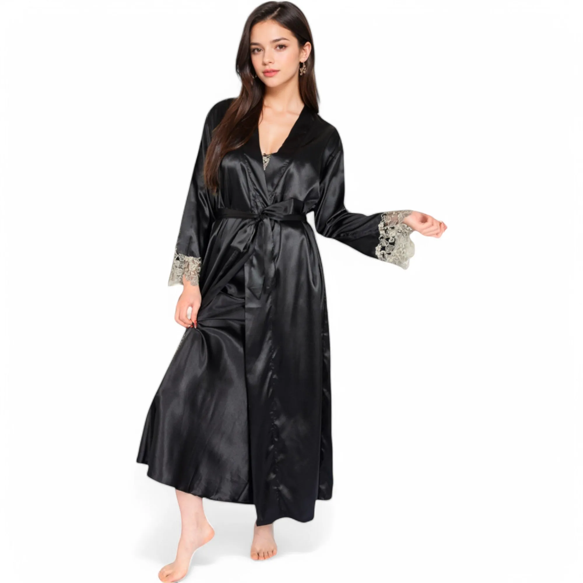 Anna-Kaci Women's Satin Long Robe and Lace Trim Nightgown Set- Black,Small sold by Anna-Kaci product image thumbnail 3