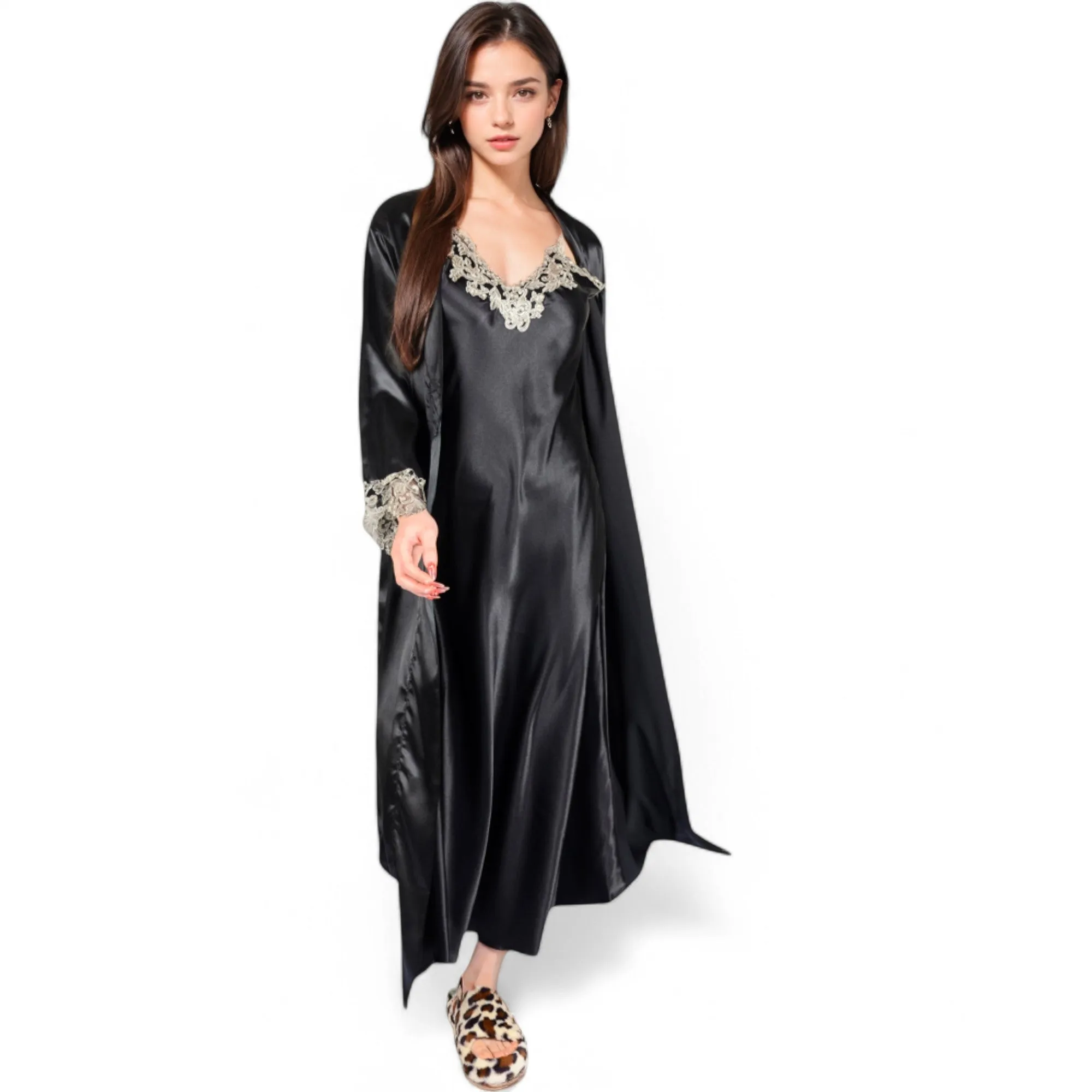 Anna-Kaci Women's Satin Long Robe and Lace Trim Nightgown Set- Black,Small sold by Anna-Kaci product image thumbnail 4