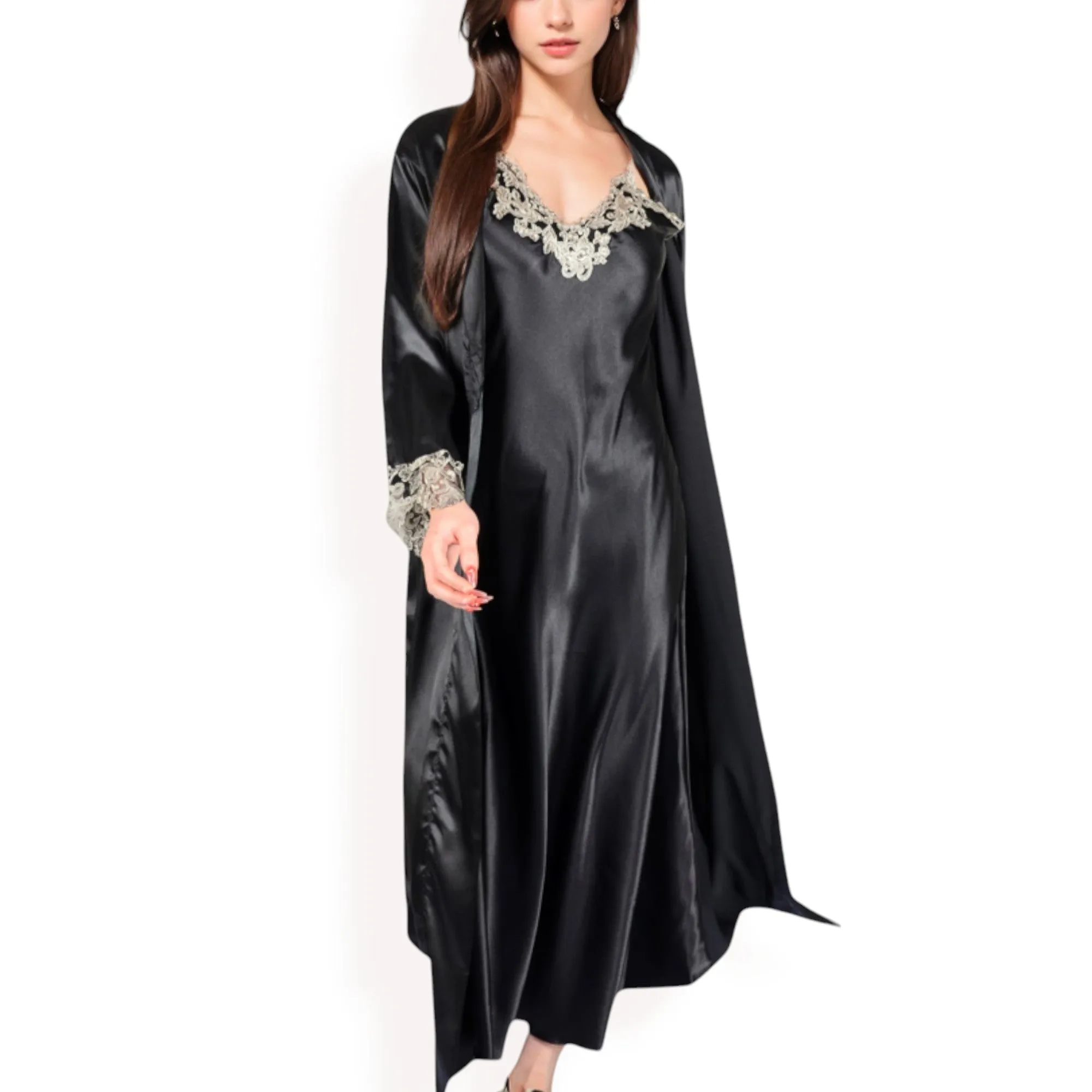 Anna-Kaci Women's Satin Long Robe and Lace Trim Nightgown Set- Black,Small sold by Anna-Kaci