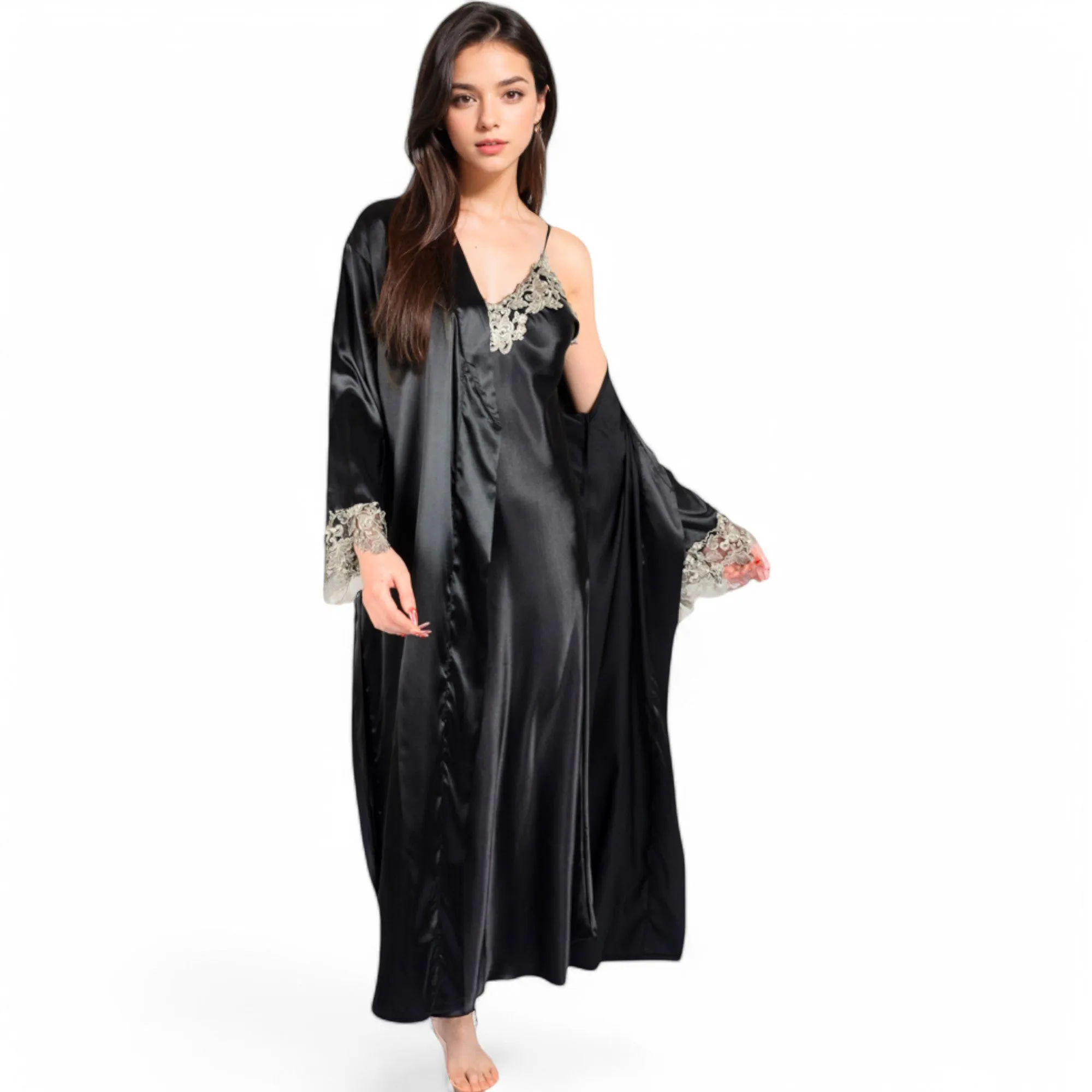 Anna-Kaci Women's Satin Long Robe and Lace Trim Nightgown Set- Black,Small sold by Anna-Kaci product image thumbnail 2