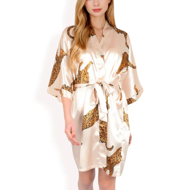 Anna-Kaci Women's Satin Robe with Leopard Print and Tie Waist- Beige,Small sold by Anna-Kaci