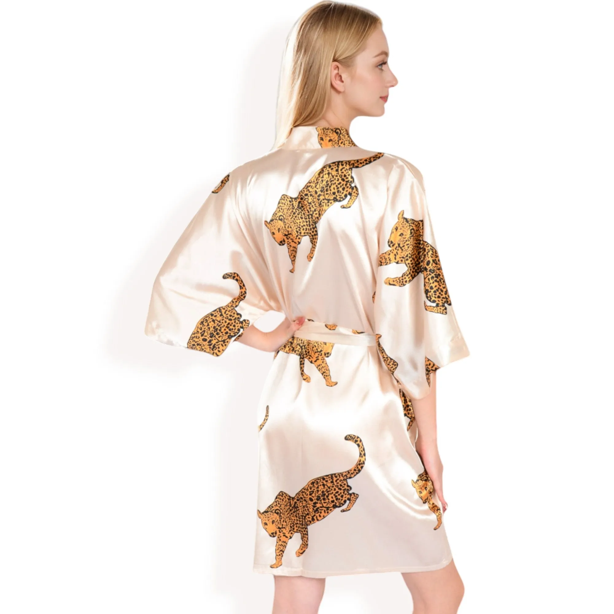 Anna-Kaci Women's Satin Robe with Leopard Print and Tie Waist- Beige,Small sold by Anna-Kaci product image thumbnail 5